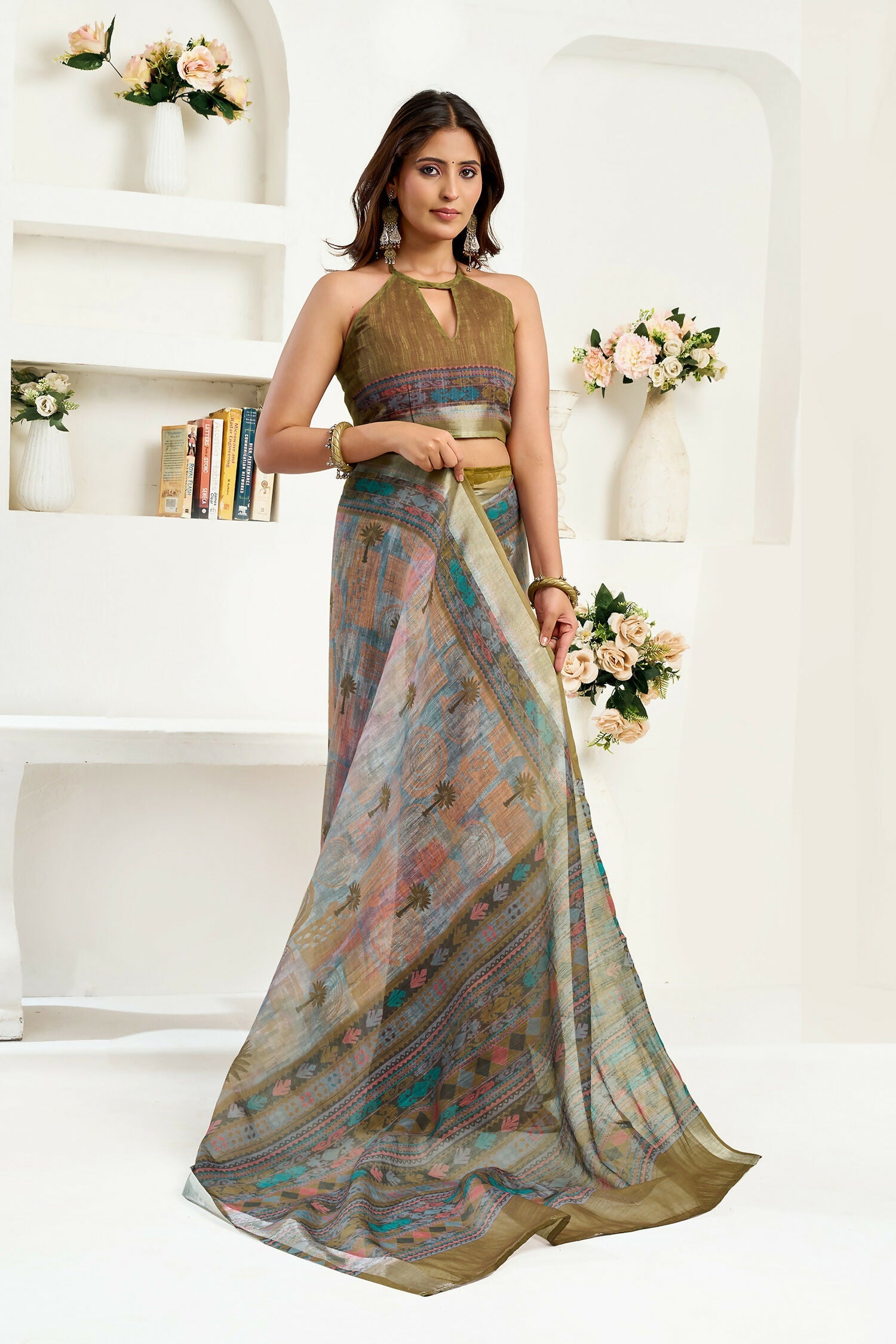 Joban Fashion Dusty Green Floral & Ethnic Motifs Linen Ready To Wear Saree With Unstitched Blouse