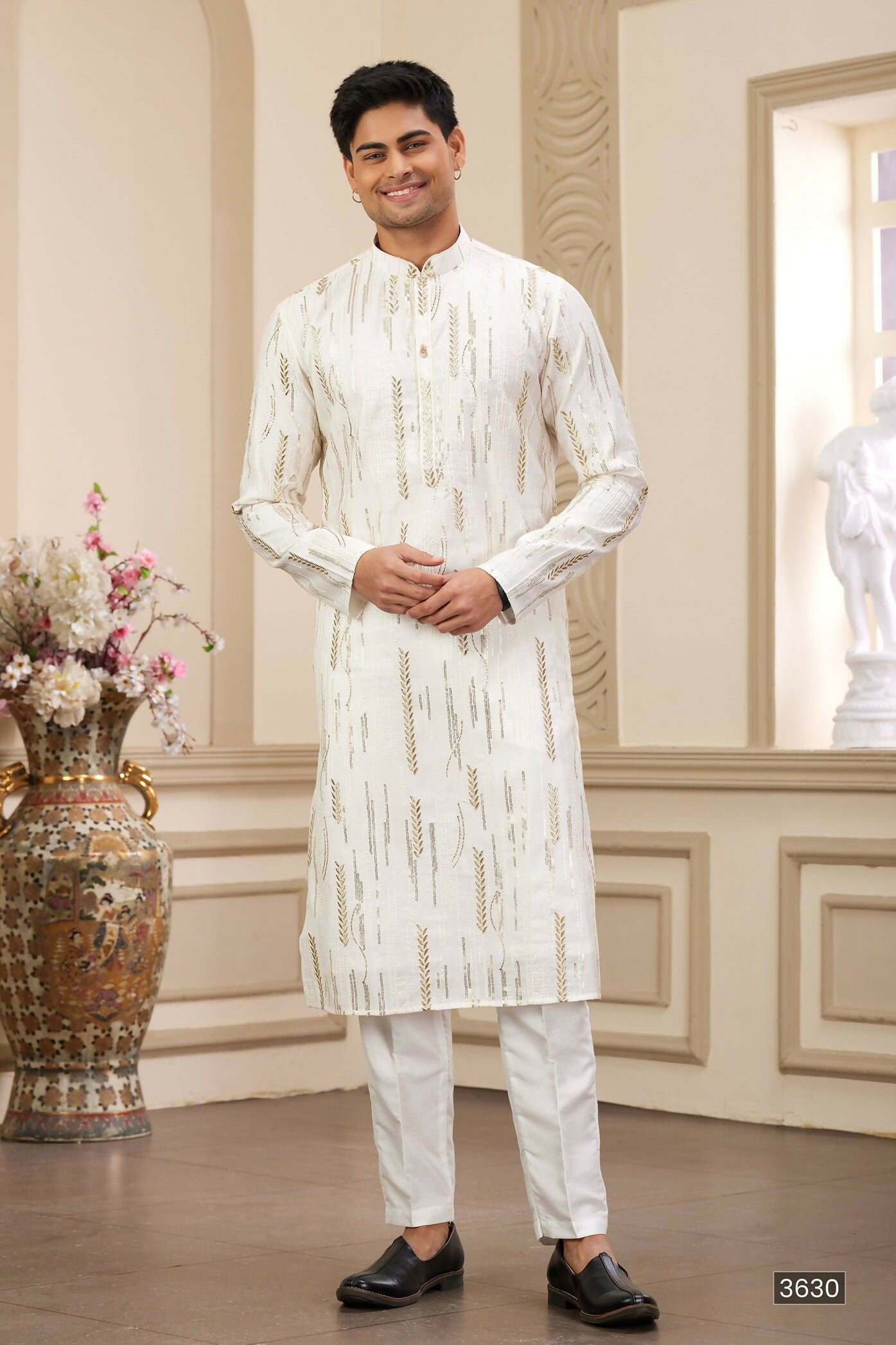 Raivat Ethnic Men's Art Silk Thread Work Kurta Pyjama In Cream Colour