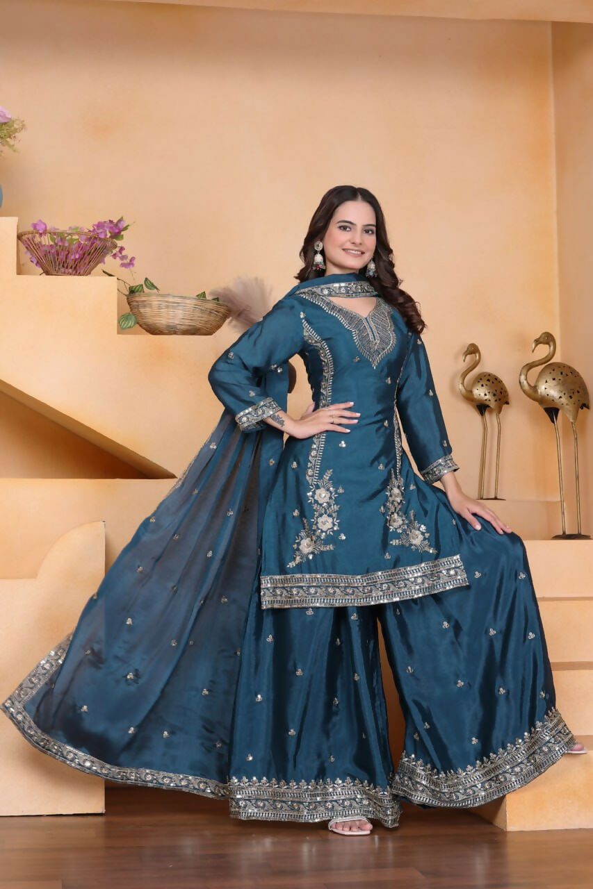 Joban Fashion Teal Crepe Embroidered Sharara Set