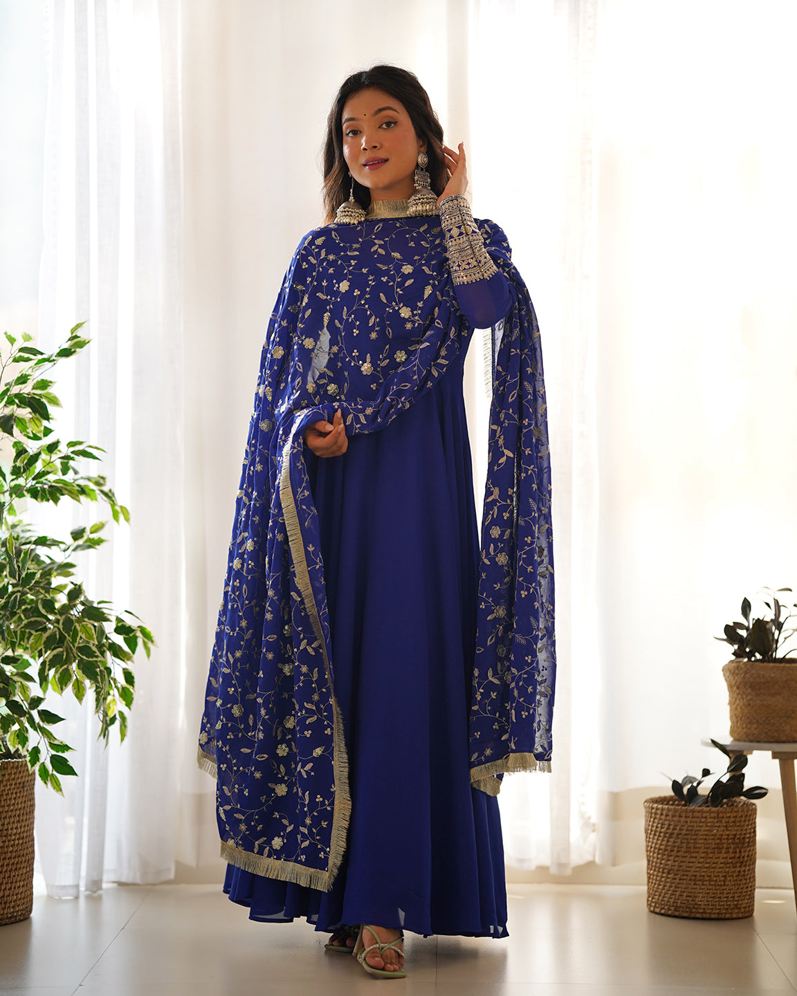 Lorenvalley Fashion Women Georgette Anarkali Gown Duppta Full Set With Pent Ready To Wear - Blue 