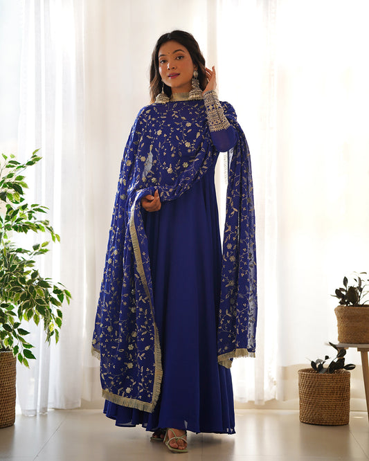 Lorenvalley Fashion Women Georgette Anarkali Gown Duppta Full Set With Pent Ready To Wear - Blue 