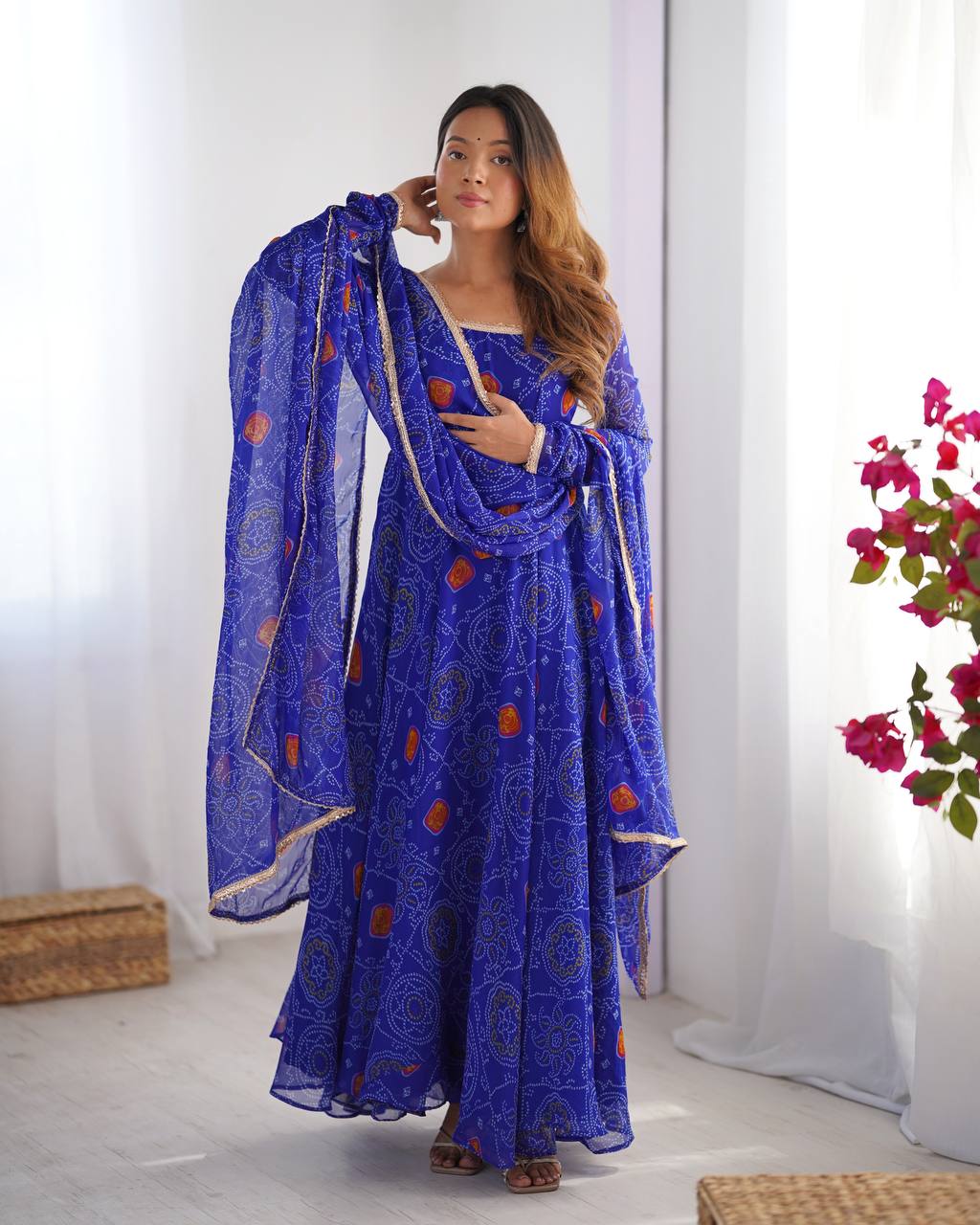 Evanik Royal Blue Pure Lightweight Chiffon Bandhej Design Anarkali Pant With Dupatta