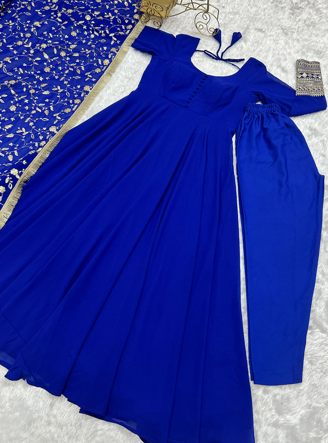Lorenvalley Fashion Women Georgette Anarkali Gown Duppta Full Set With Pent Ready To Wear - Blue 
