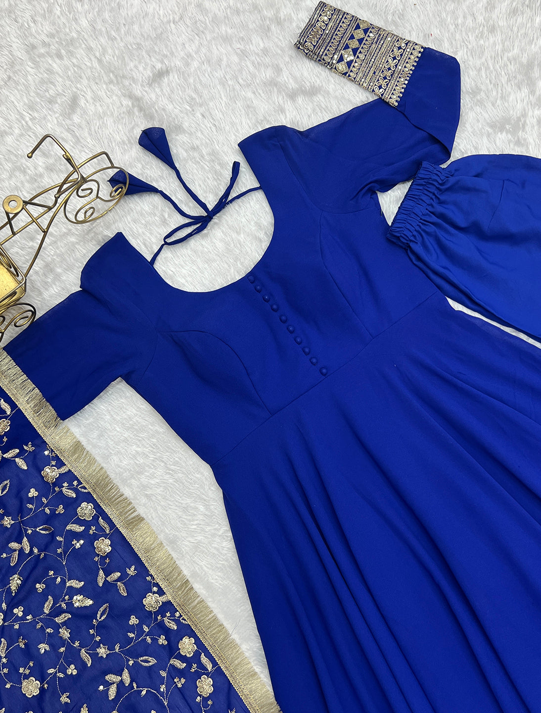 Lorenvalley Fashion Women Georgette Anarkali Gown Duppta Full Set With Pent Ready To Wear - Blue 