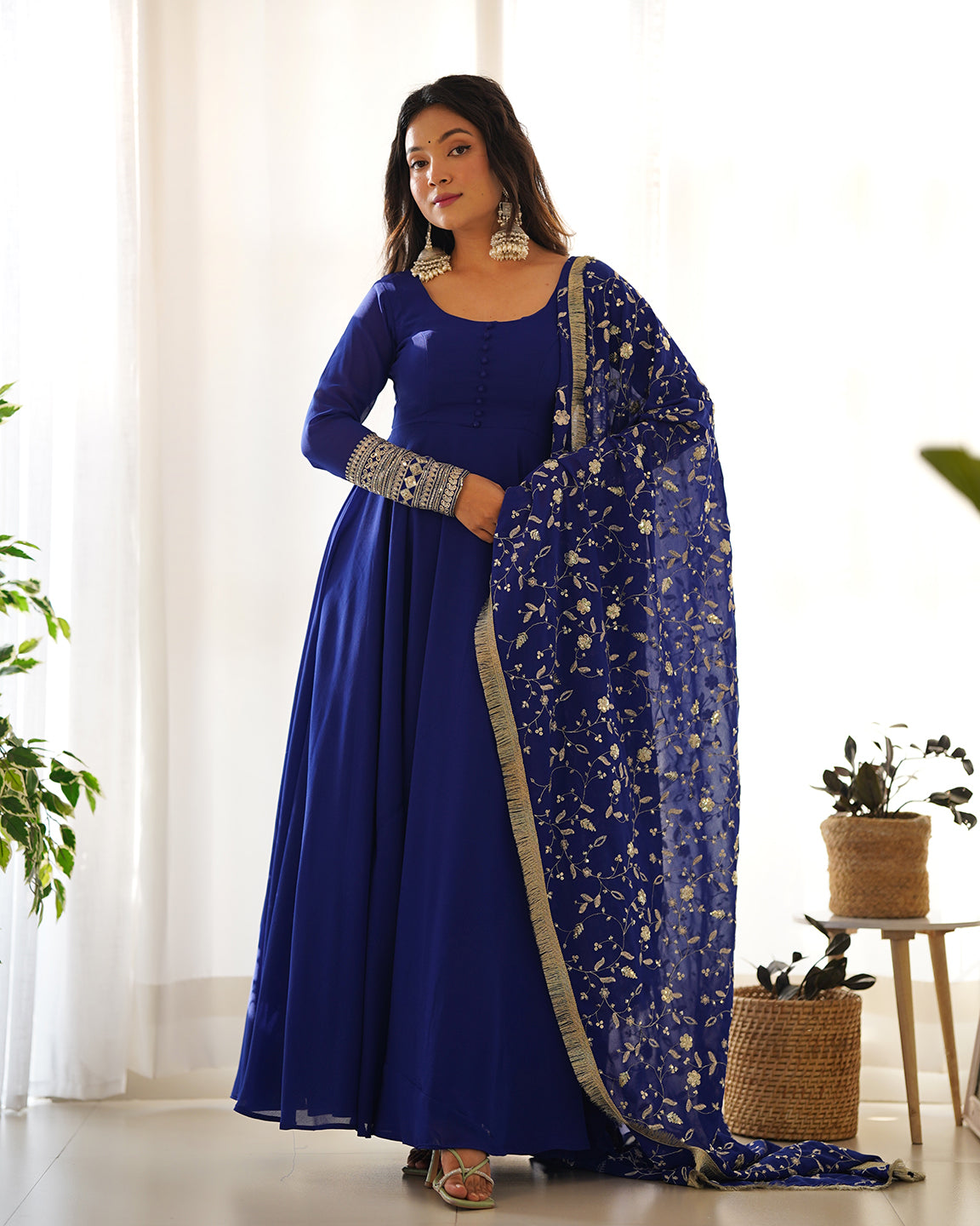 Lorenvalley Fashion Women Georgette Anarkali Gown Duppta Full Set With Pent Ready To Wear - Blue 