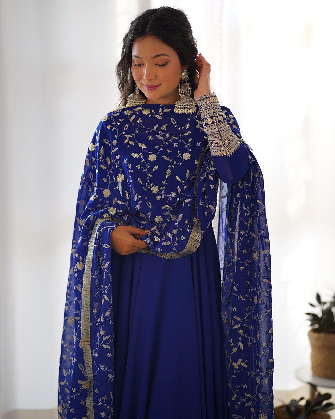 Lorenvalley Fashion Women Georgette Anarkali Gown Duppta Full Set With Pent Ready To Wear - Blue 