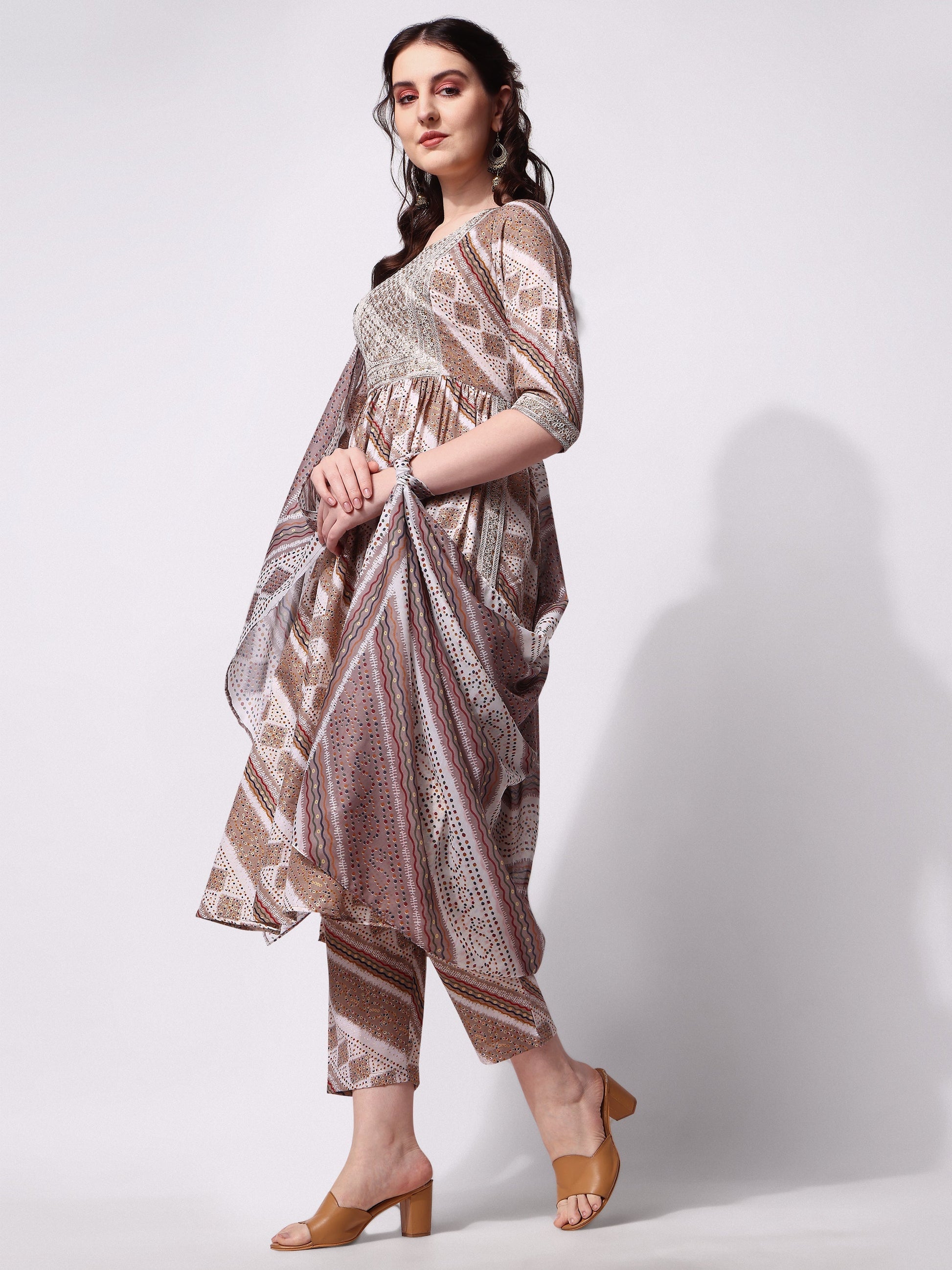 Nayra Cut Embroidered Kurta With Pant And Dupatta Set, Multicolor - Hiral Fashion