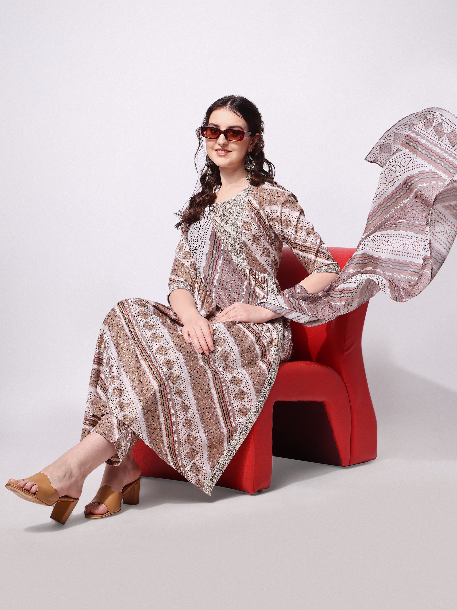 Nayra Cut Embroidered Kurta With Pant And Dupatta Set, Multicolor - Hiral Fashion