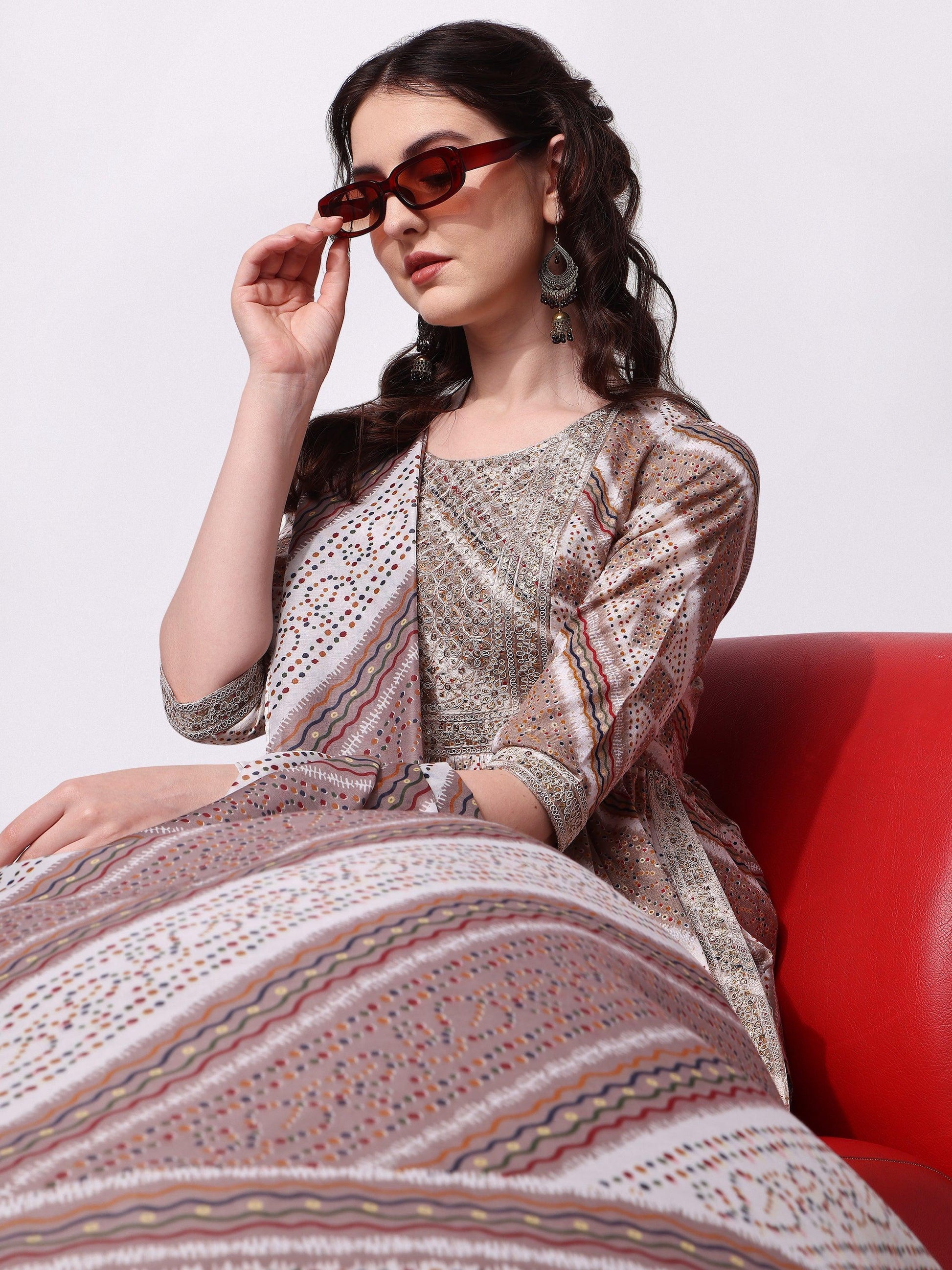Nayra Cut Embroidered Kurta With Pant And Dupatta Set, Multicolor - Hiral Fashion
