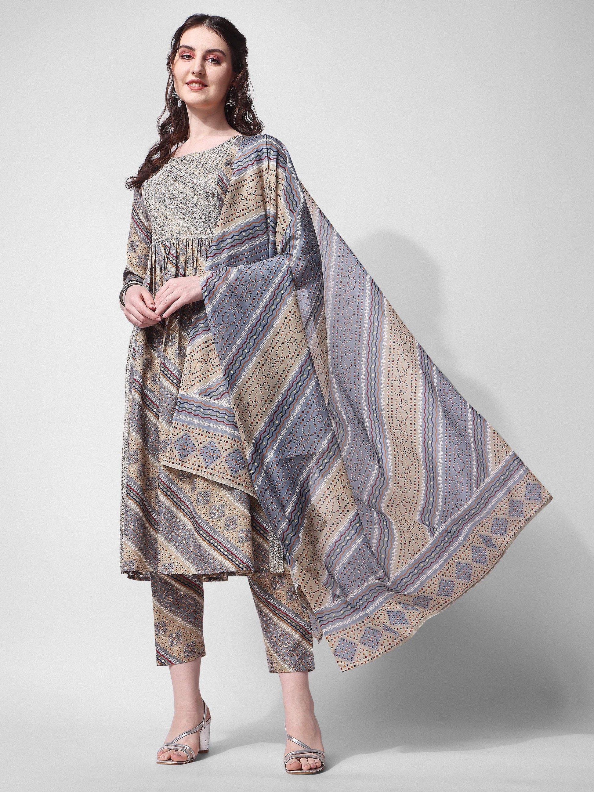 Nayra Cut Embroidered Kurta With Pant And Dupatta Set, Multicolor - Hiral Fashion
