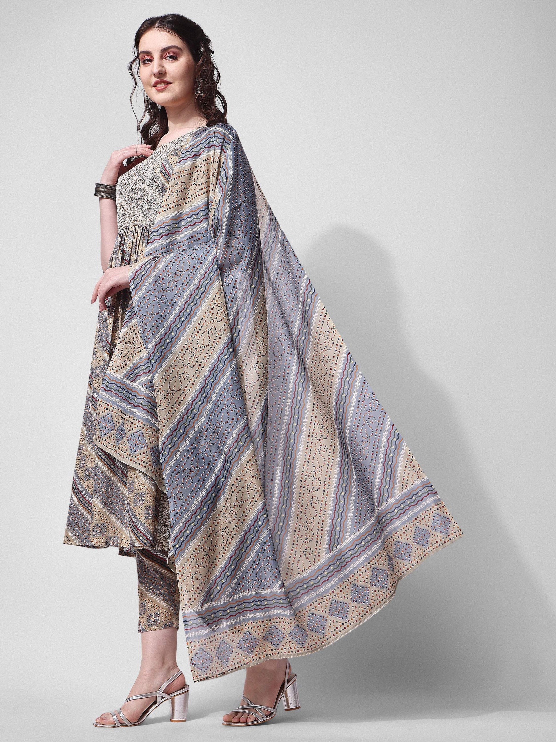 Nayra Cut Embroidered Kurta With Pant And Dupatta Set, Multicolor - Hiral Fashion