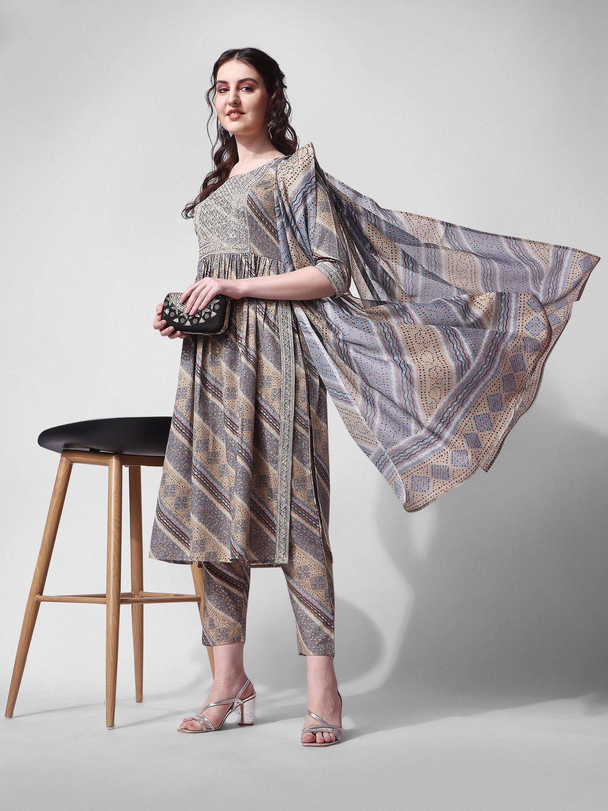 Nayra Cut Embroidered Kurta With Pant And Dupatta Set, Multicolor - Hiral Fashion