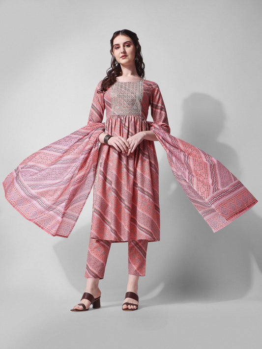 Nayra Cut Embroidered Kurta With Pant And Dupatta Set, Multicolor - Hiral Fashion