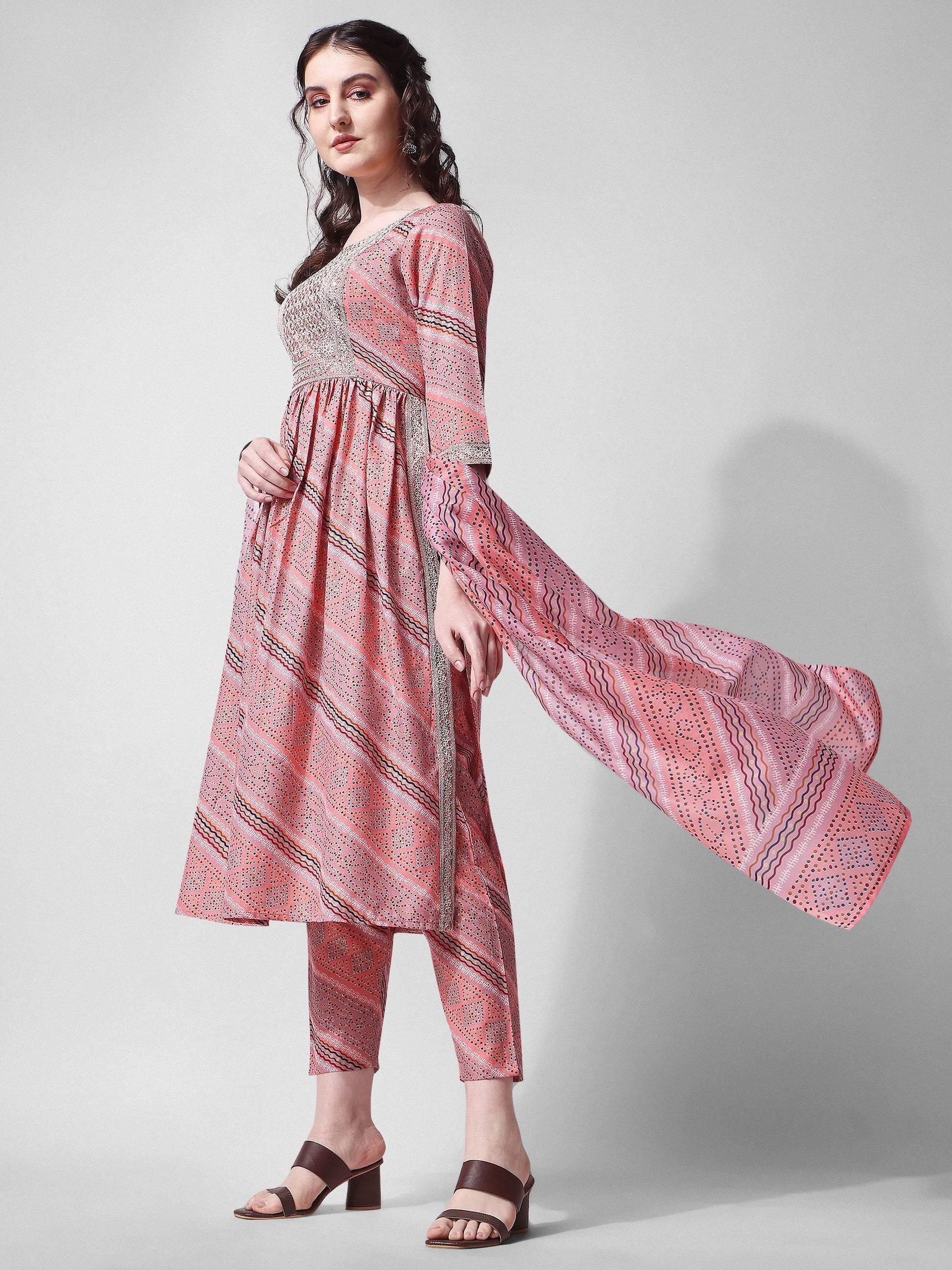 Nayra Cut Embroidered Kurta With Pant And Dupatta Set, Multicolor - Hiral Fashion