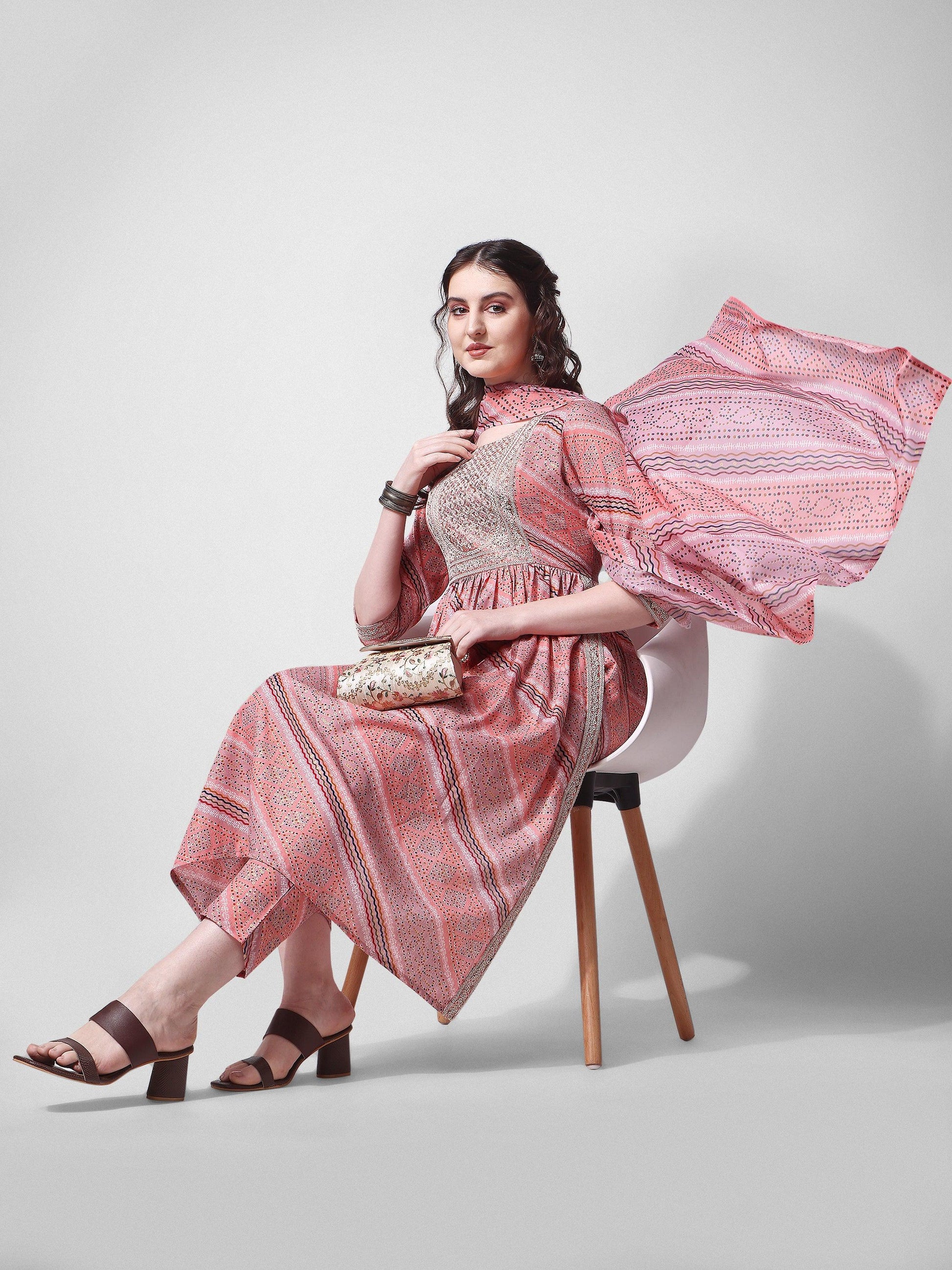 Nayra Cut Embroidered Kurta With Pant And Dupatta Set, Multicolor - Hiral Fashion