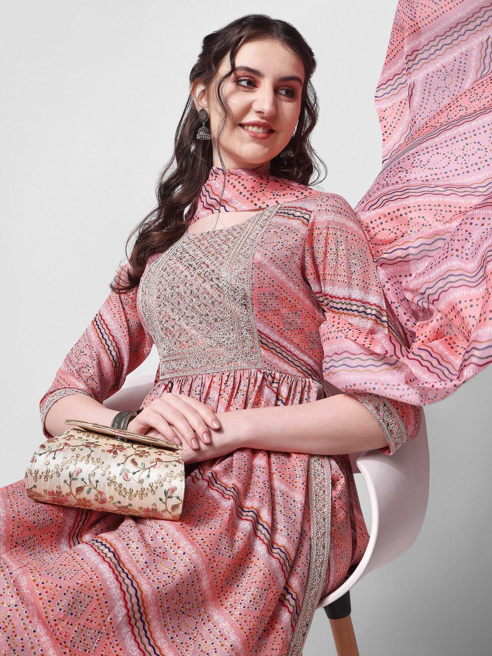 Nayra Cut Embroidered Kurta With Pant And Dupatta Set, Multicolor - Hiral Fashion