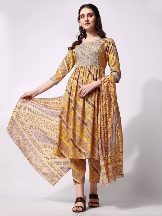 Nayra Cut Embroidered Kurta With Pant And Dupatta Set, Multicolor - Hiral Fashion