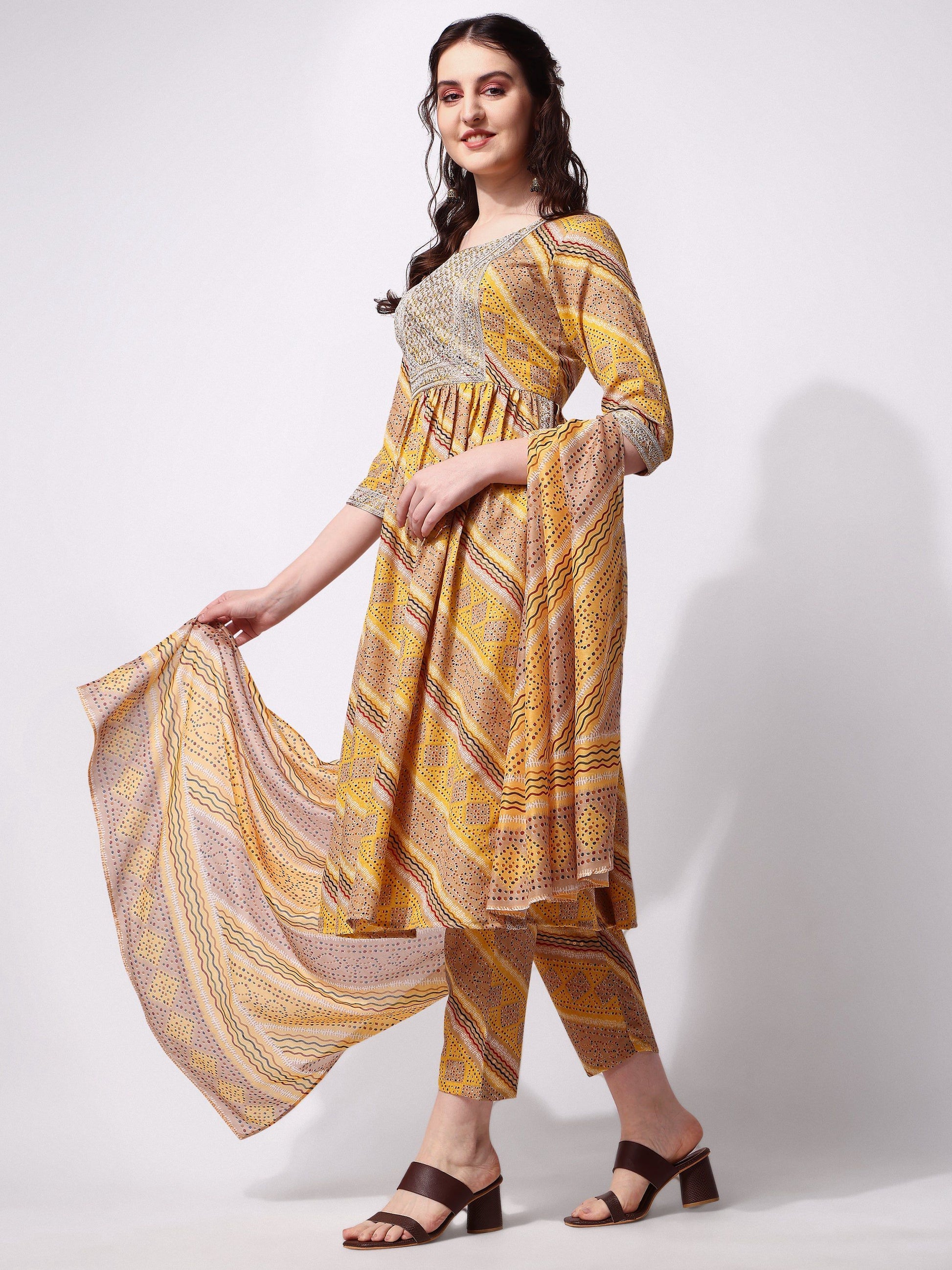 Nayra Cut Embroidered Kurta With Pant And Dupatta Set, Multicolor - Hiral Fashion