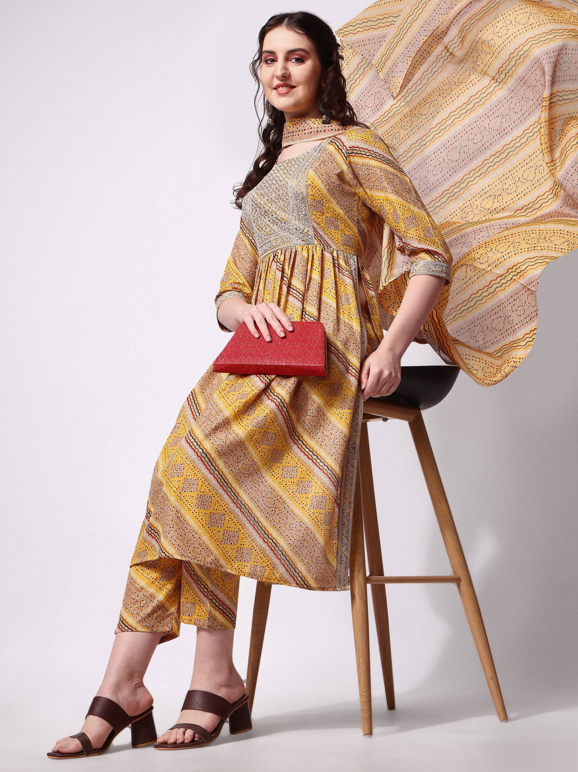 Nayra Cut Embroidered Kurta With Pant And Dupatta Set, Multicolor - Hiral Fashion