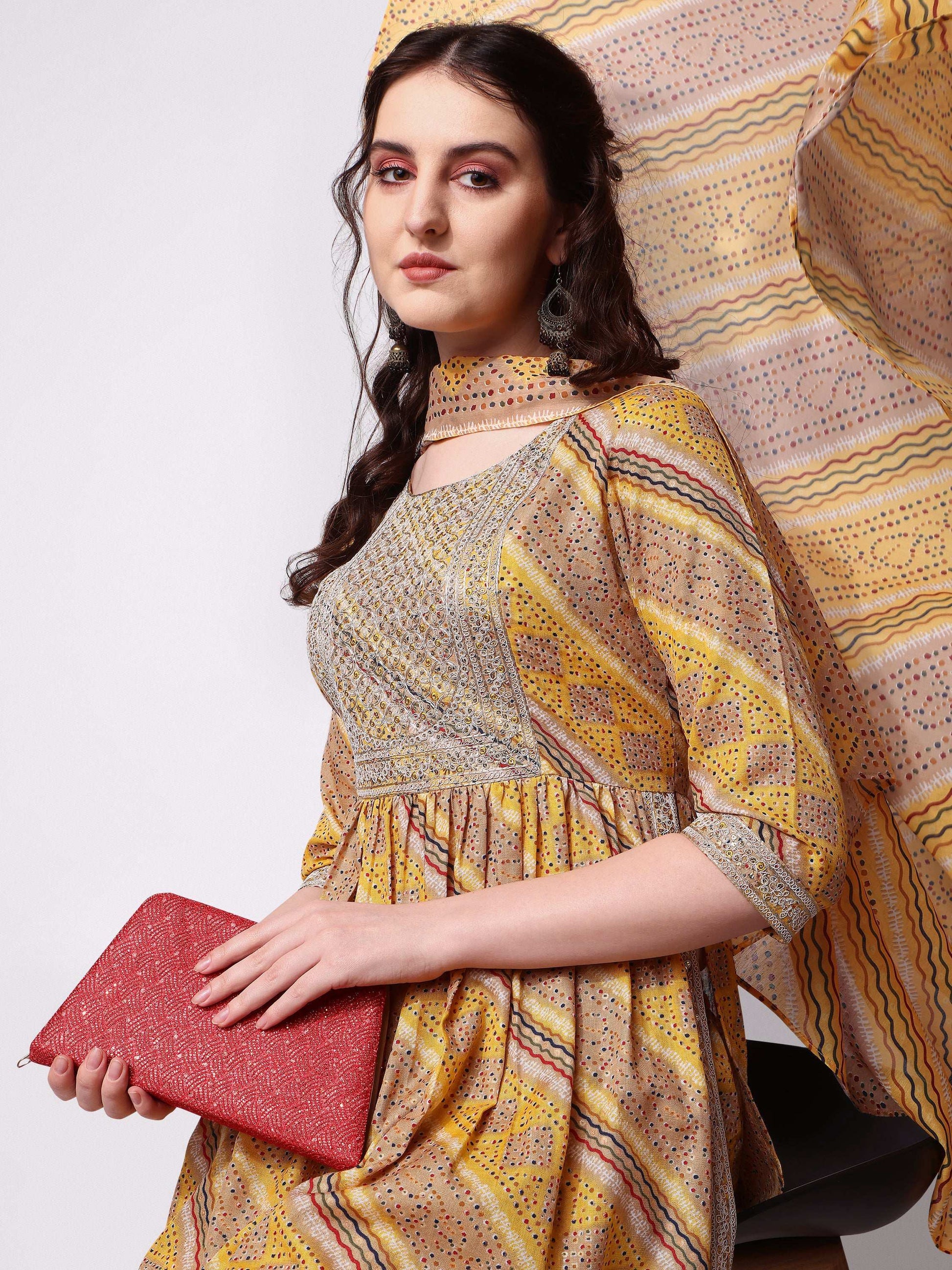 Nayra Cut Embroidered Kurta With Pant And Dupatta Set, Multicolor - Hiral Fashion