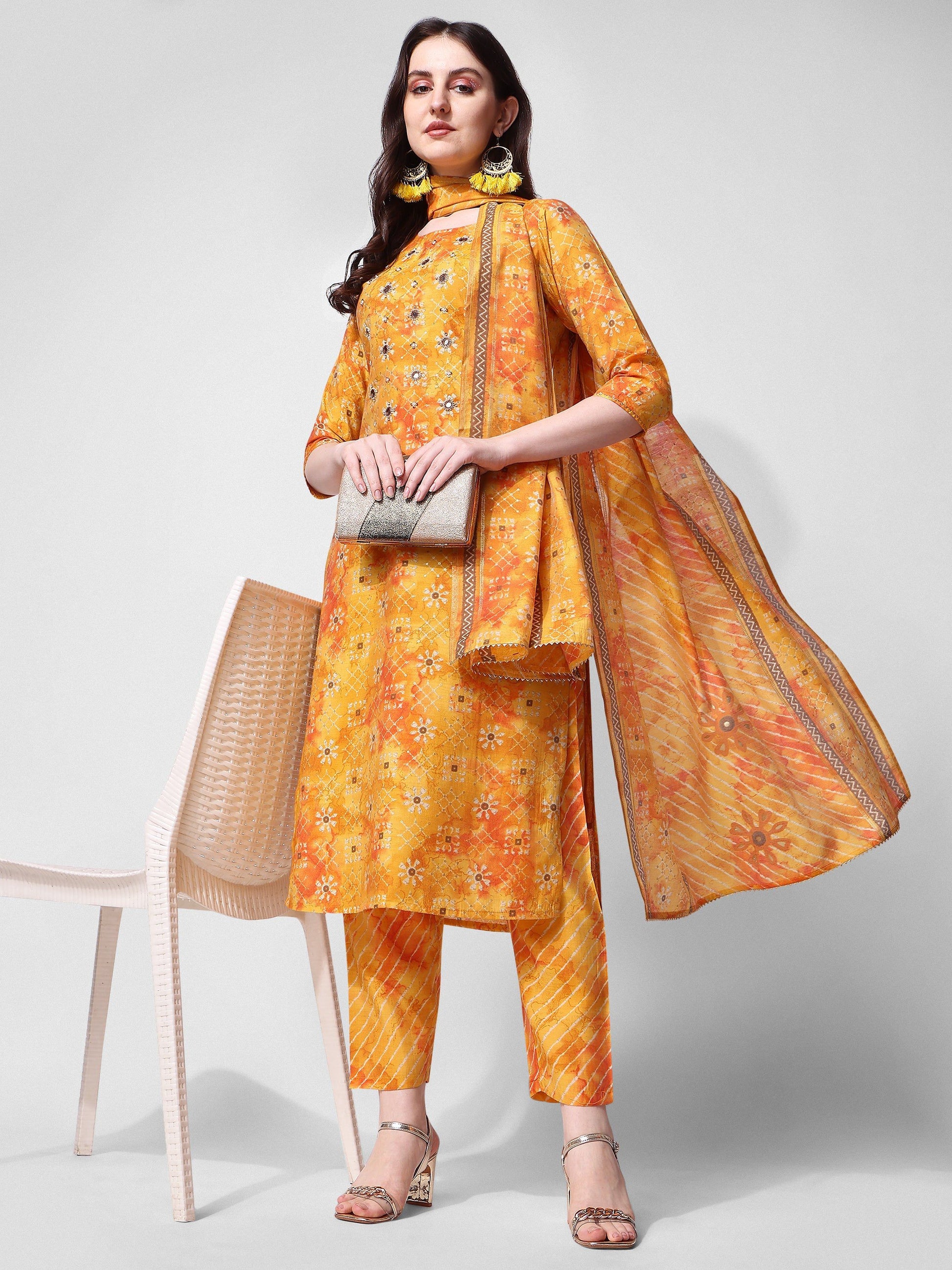 Printed & Embroidered Kurta With Pant & Dupatta Set, Multicolor - Hiral Fashion