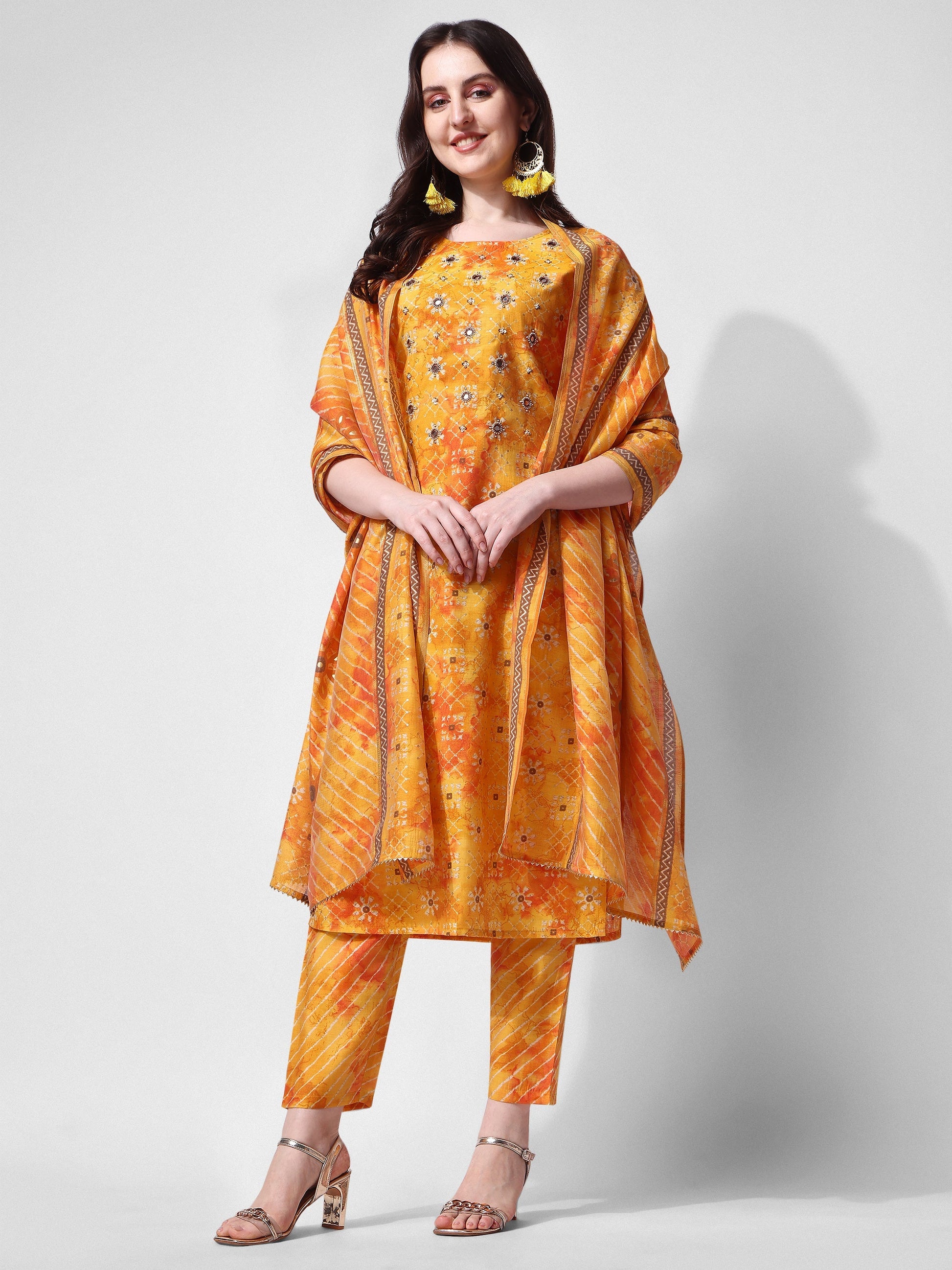 Printed & Embroidered Kurta With Pant & Dupatta Set, Multicolor - Hiral Fashion