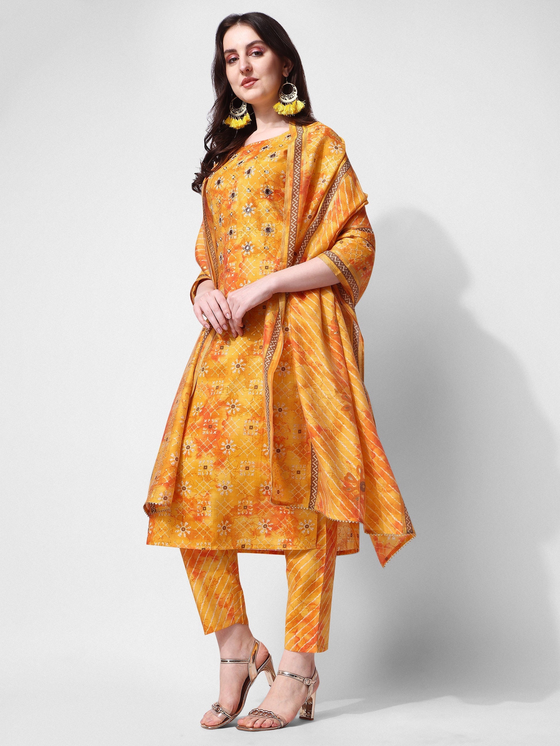 Printed & Embroidered Kurta With Pant & Dupatta Set, Multicolor - Hiral Fashion