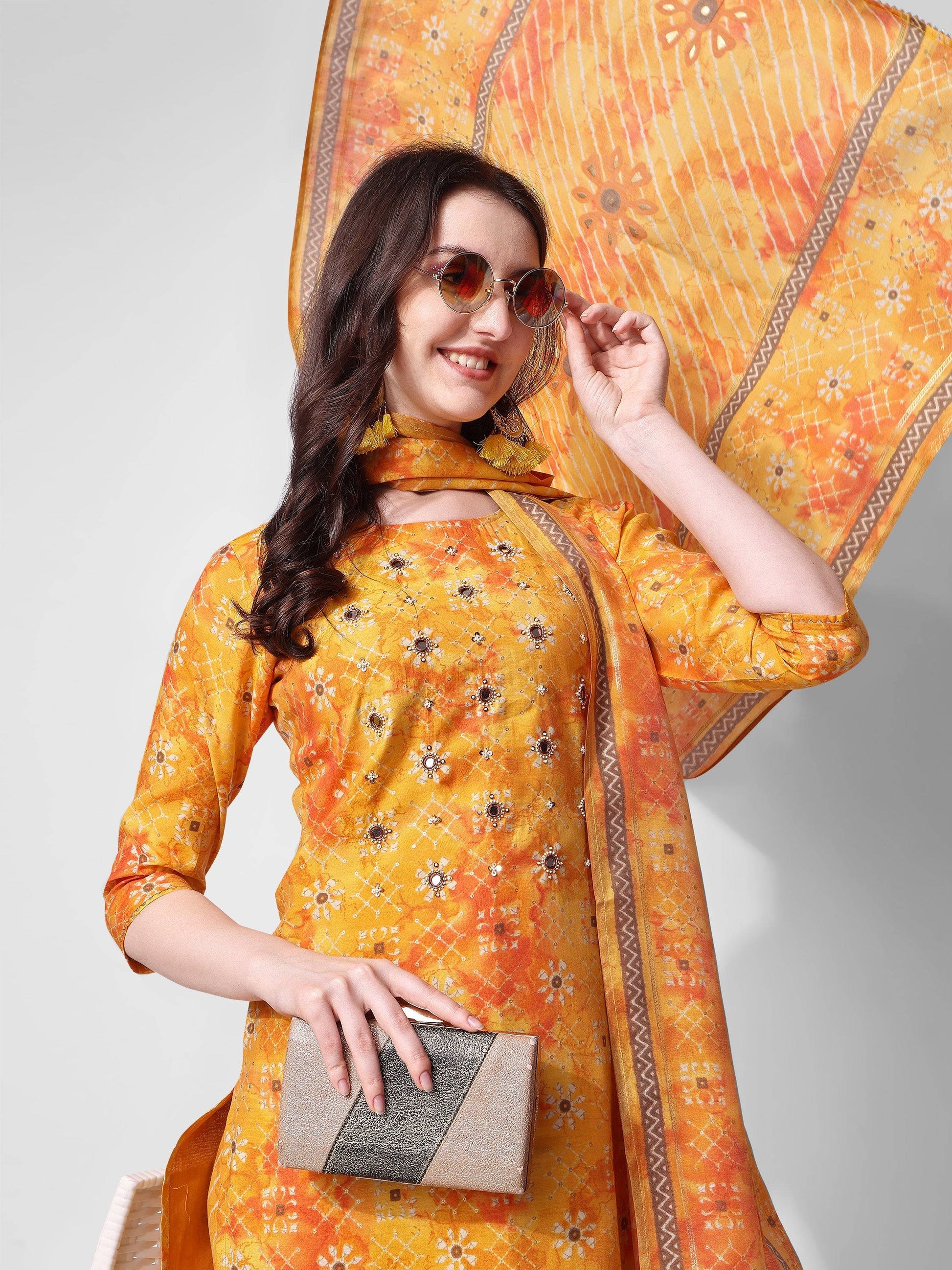 Printed & Embroidered Kurta With Pant & Dupatta Set, Multicolor - Hiral Fashion