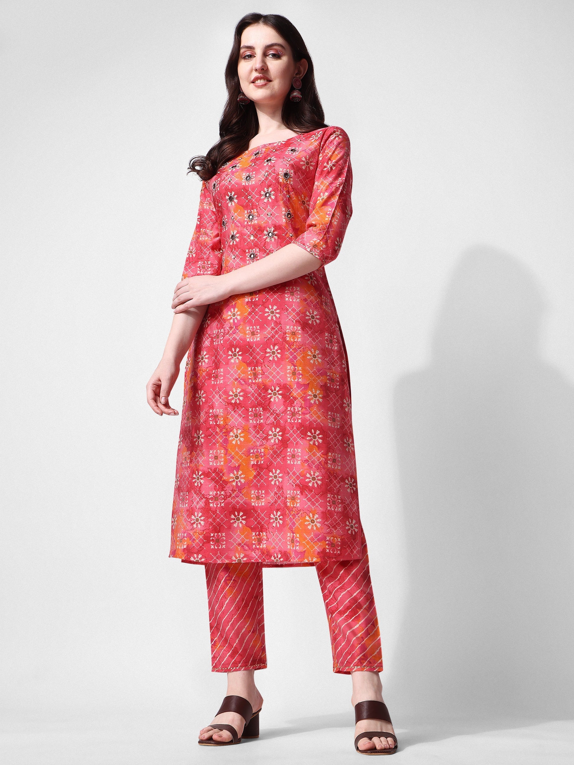 Printed & Embroidered Kurta With Pant & Dupatta Set, Multicolor - Hiral Fashion