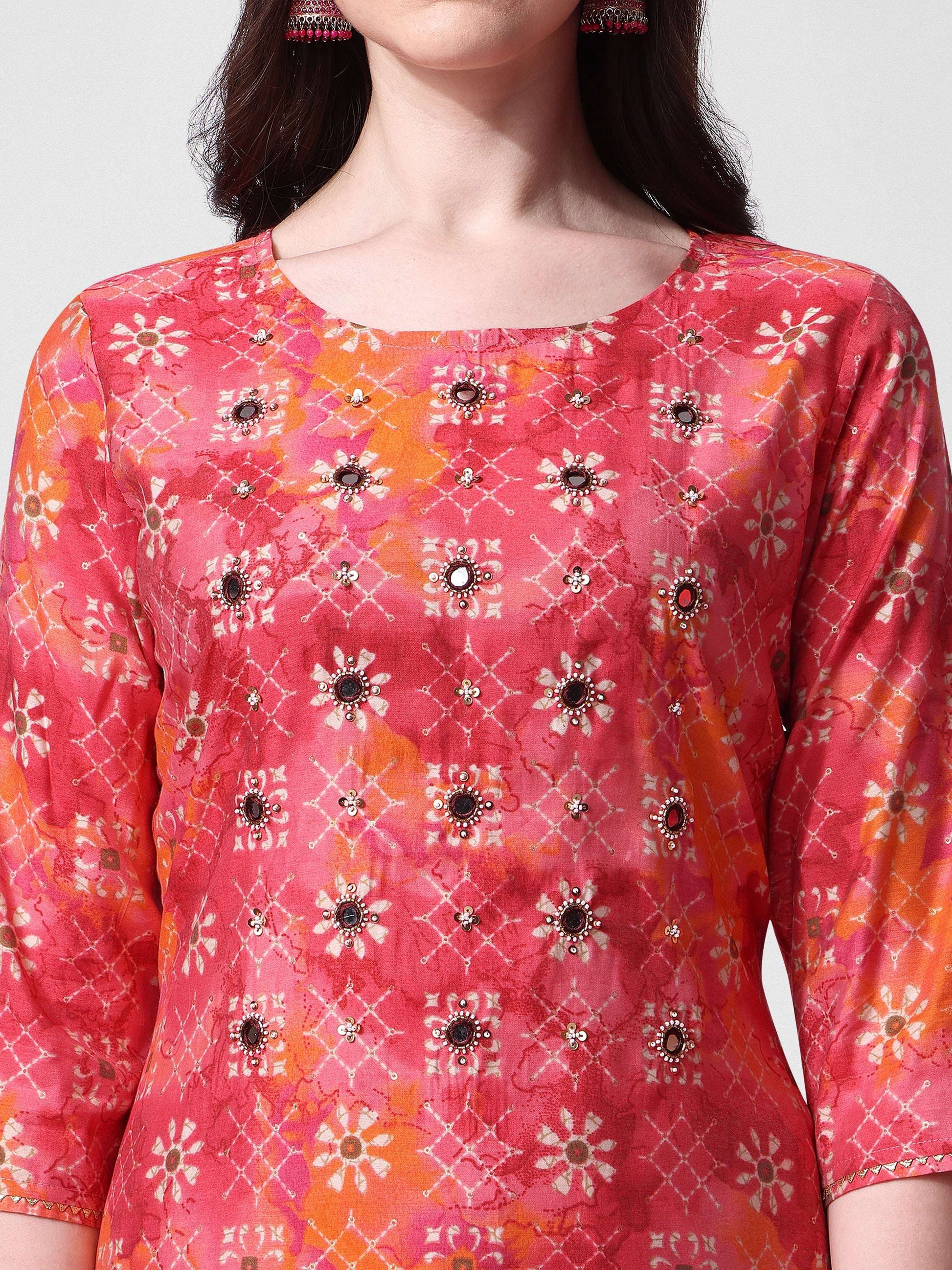 Printed & Embroidered Kurta With Pant & Dupatta Set, Multicolor - Hiral Fashion