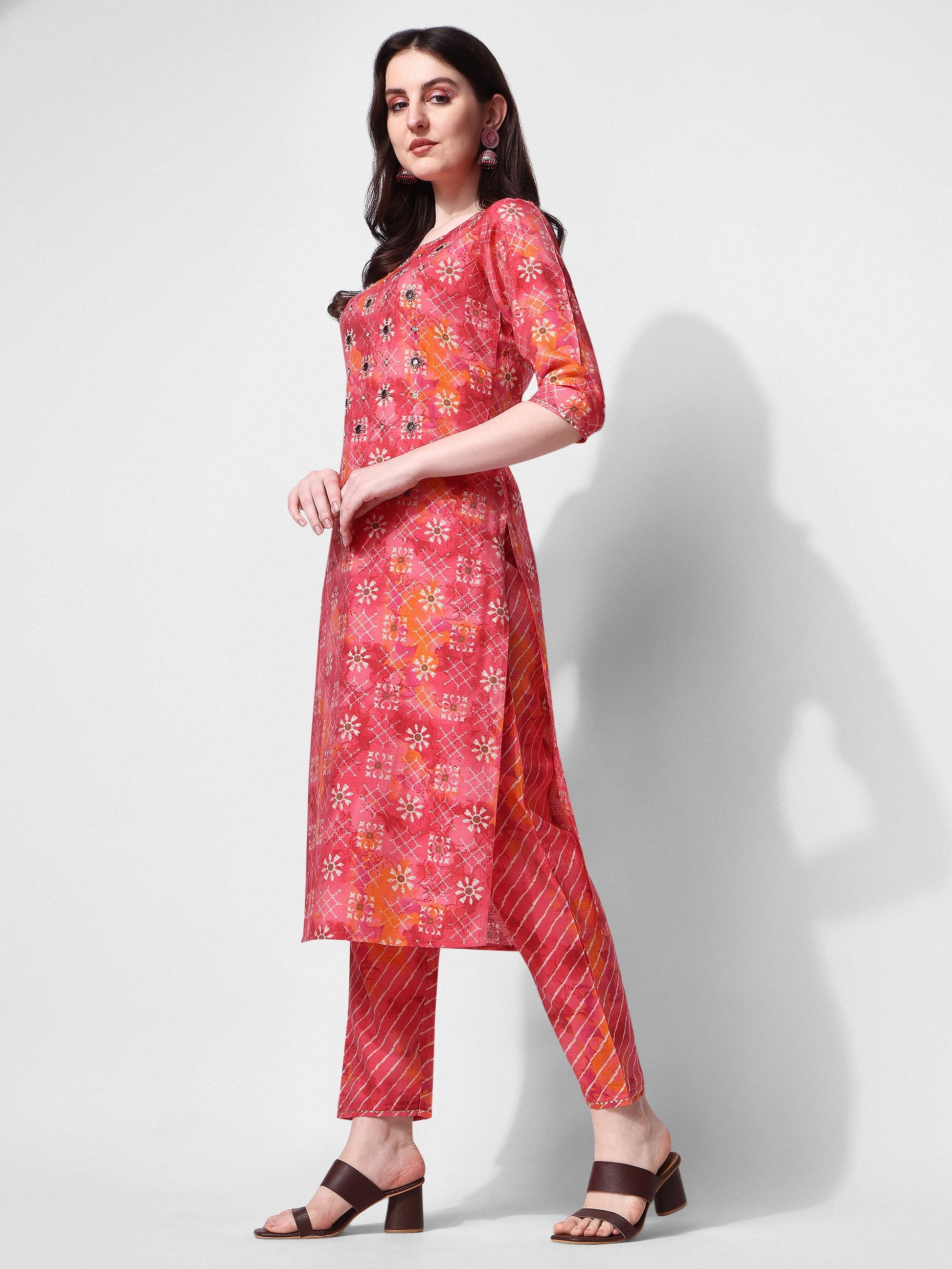 Printed & Embroidered Kurta With Pant & Dupatta Set, Multicolor - Hiral Fashion
