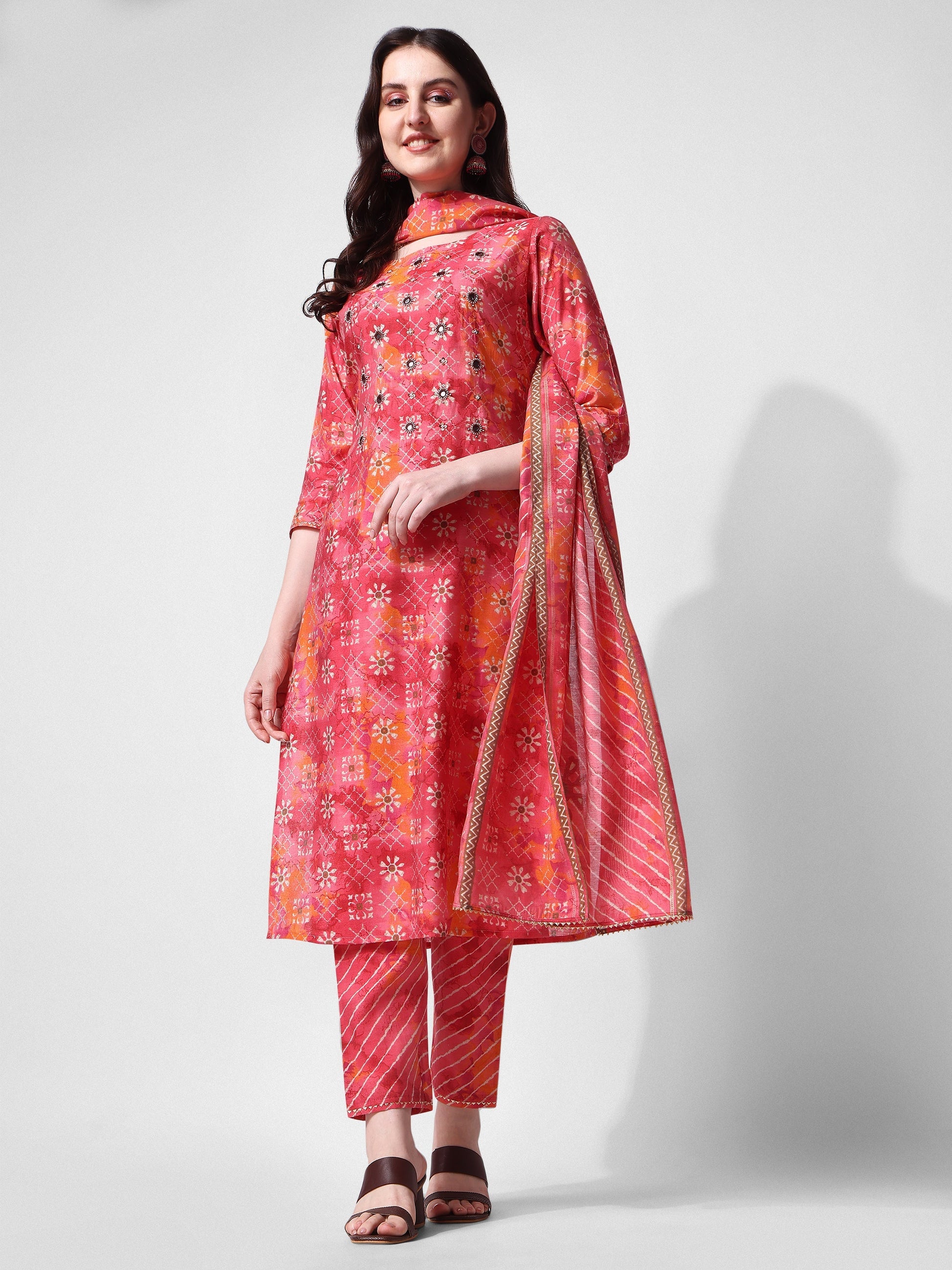 Printed & Embroidered Kurta With Pant & Dupatta Set, Multicolor - Hiral Fashion
