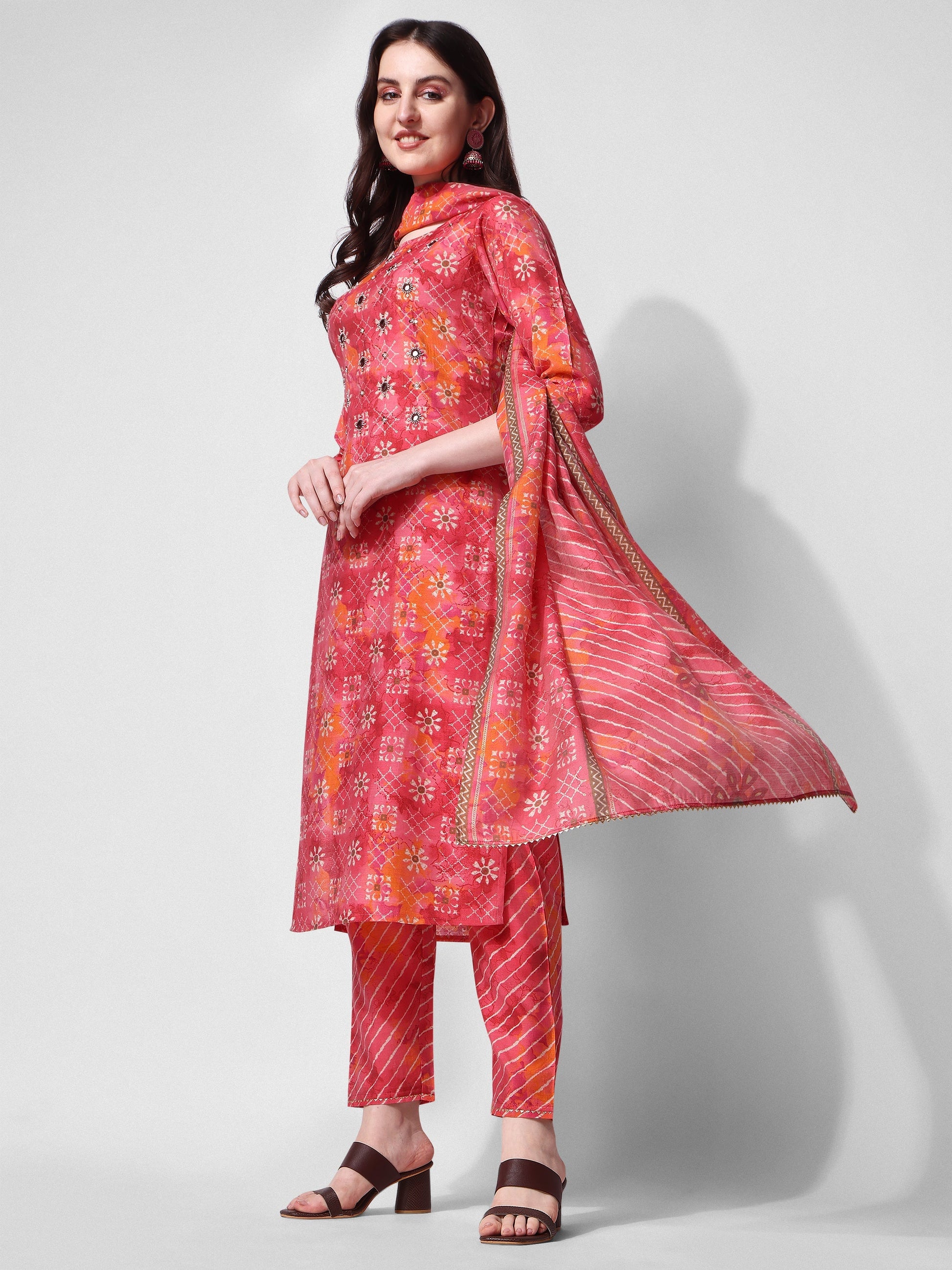 Printed & Embroidered Kurta With Pant & Dupatta Set, Multicolor - Hiral Fashion