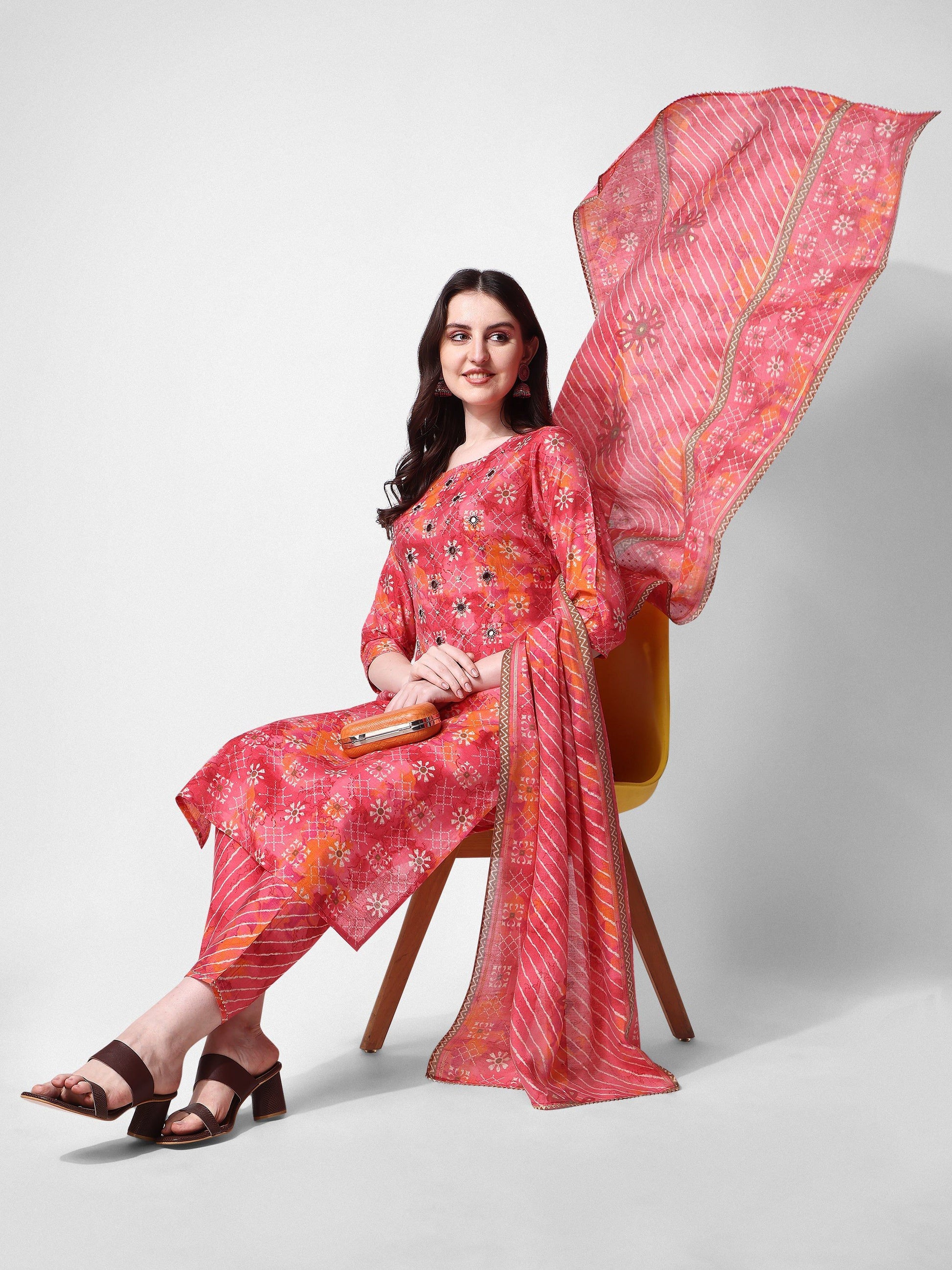 Printed & Embroidered Kurta With Pant & Dupatta Set, Multicolor - Hiral Fashion