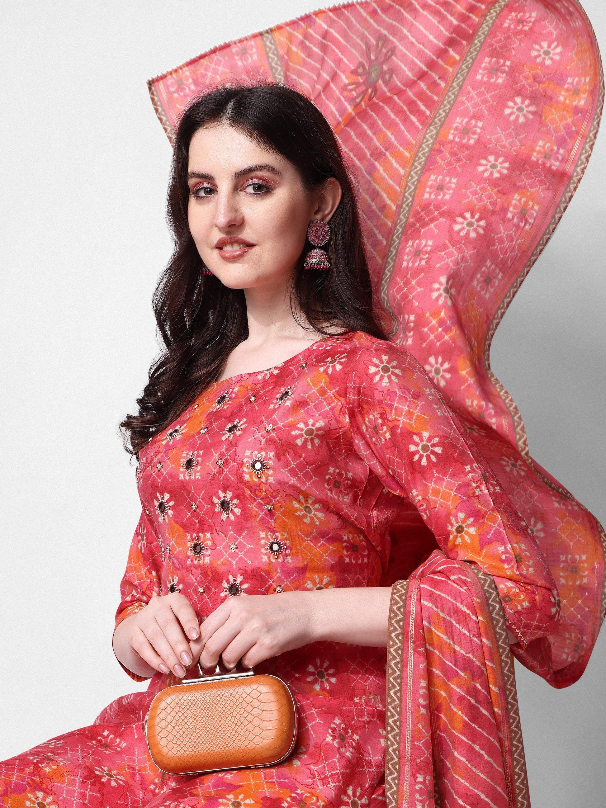 Printed & Embroidered Kurta With Pant & Dupatta Set, Multicolor - Hiral Fashion