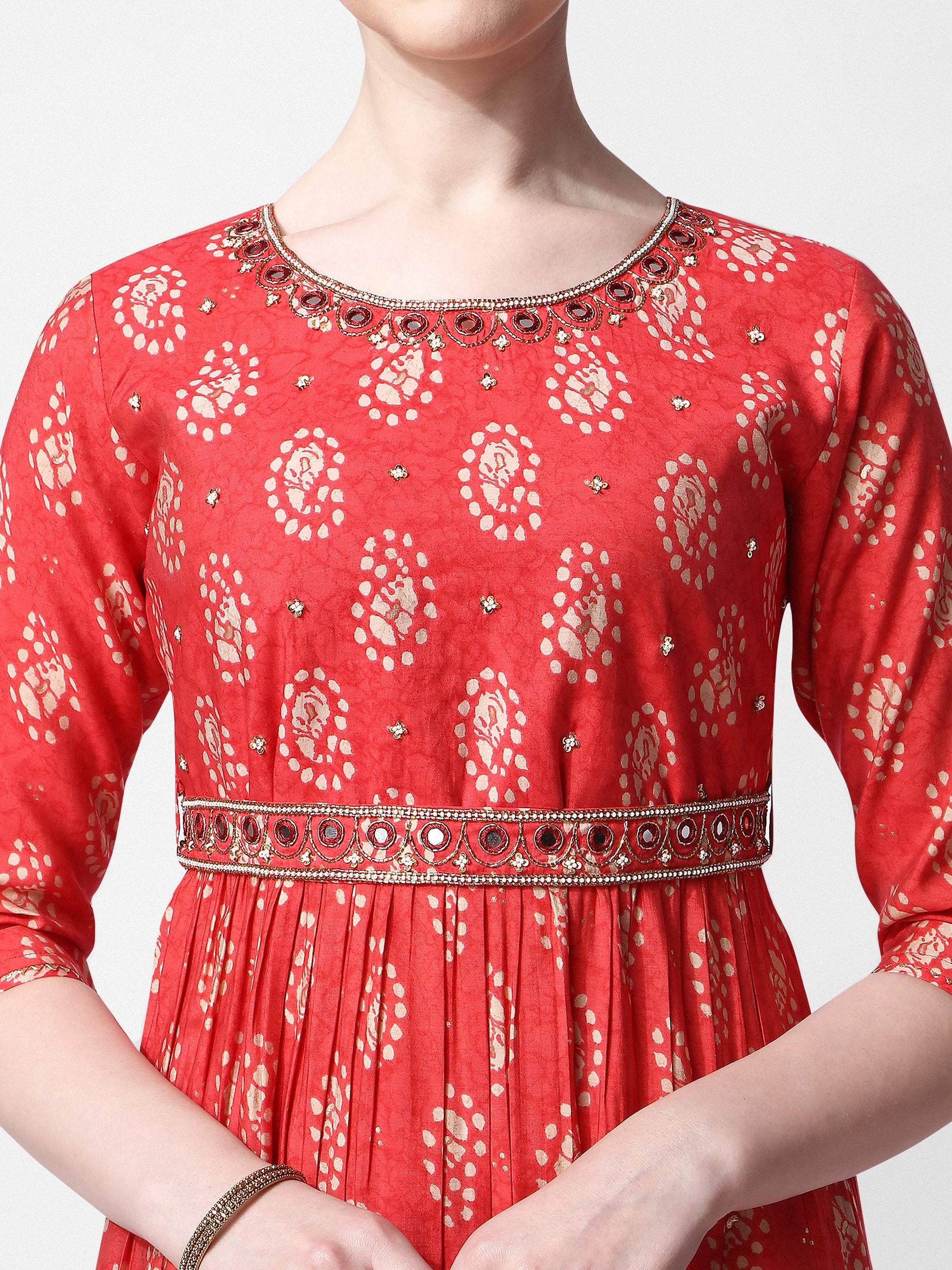 Nayra Cut Embroidered Kurta With Pant, Dupatta & Embroidered Belt Set, Multicolor - Hiral Fashion