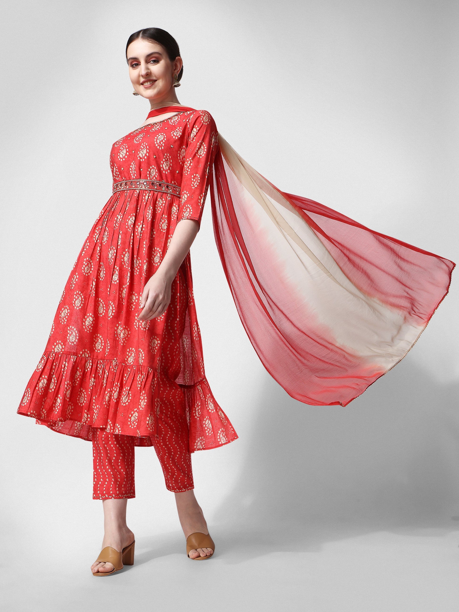 Nayra Cut Embroidered Kurta With Pant, Dupatta & Embroidered Belt Set, Multicolor - Hiral Fashion
