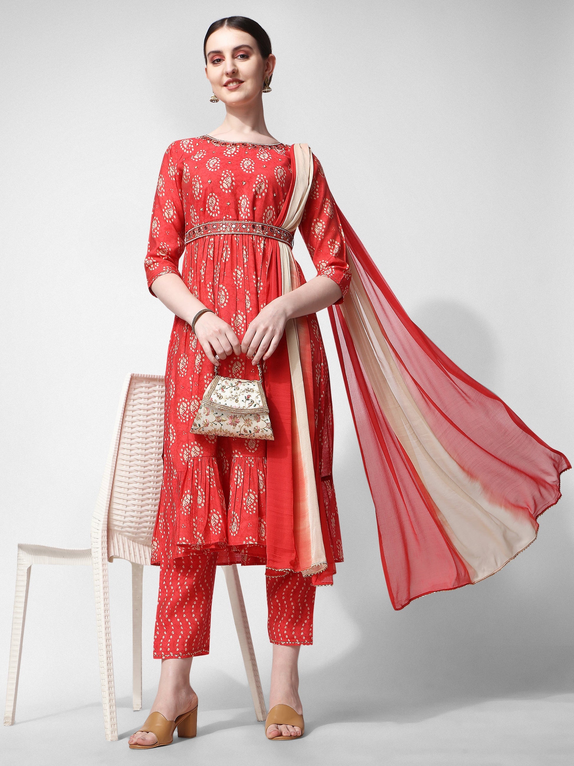 Nayra Cut Embroidered Kurta With Pant, Dupatta & Embroidered Belt Set, Multicolor - Hiral Fashion