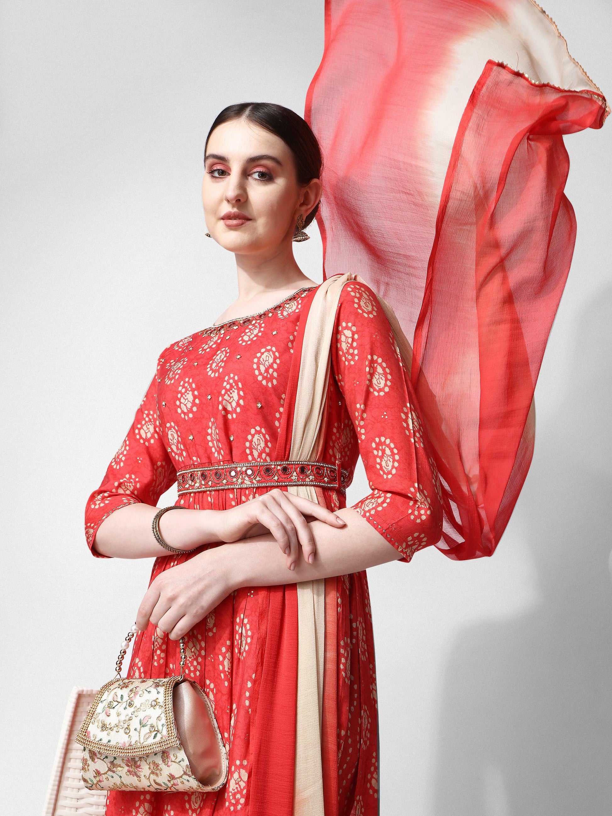 Nayra Cut Embroidered Kurta With Pant, Dupatta & Embroidered Belt Set, Multicolor - Hiral Fashion