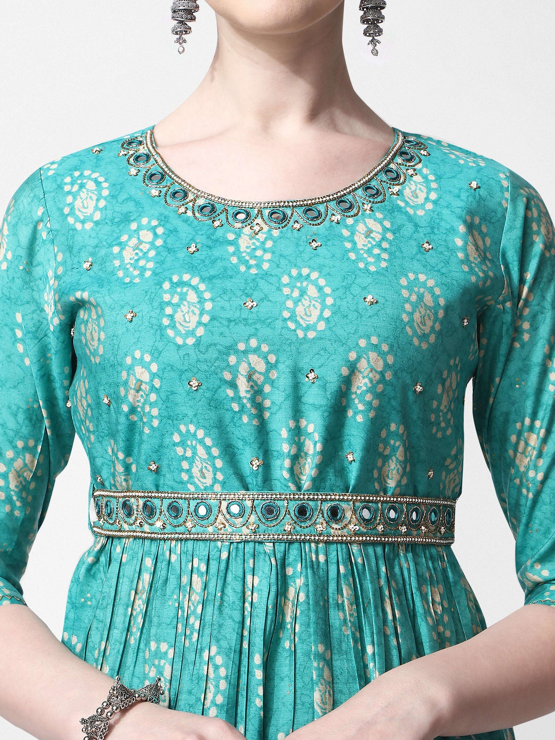 Nayra Cut Embroidered Kurta With Pant, Dupatta & Embroidered Belt Set, Multicolor - Hiral Fashion