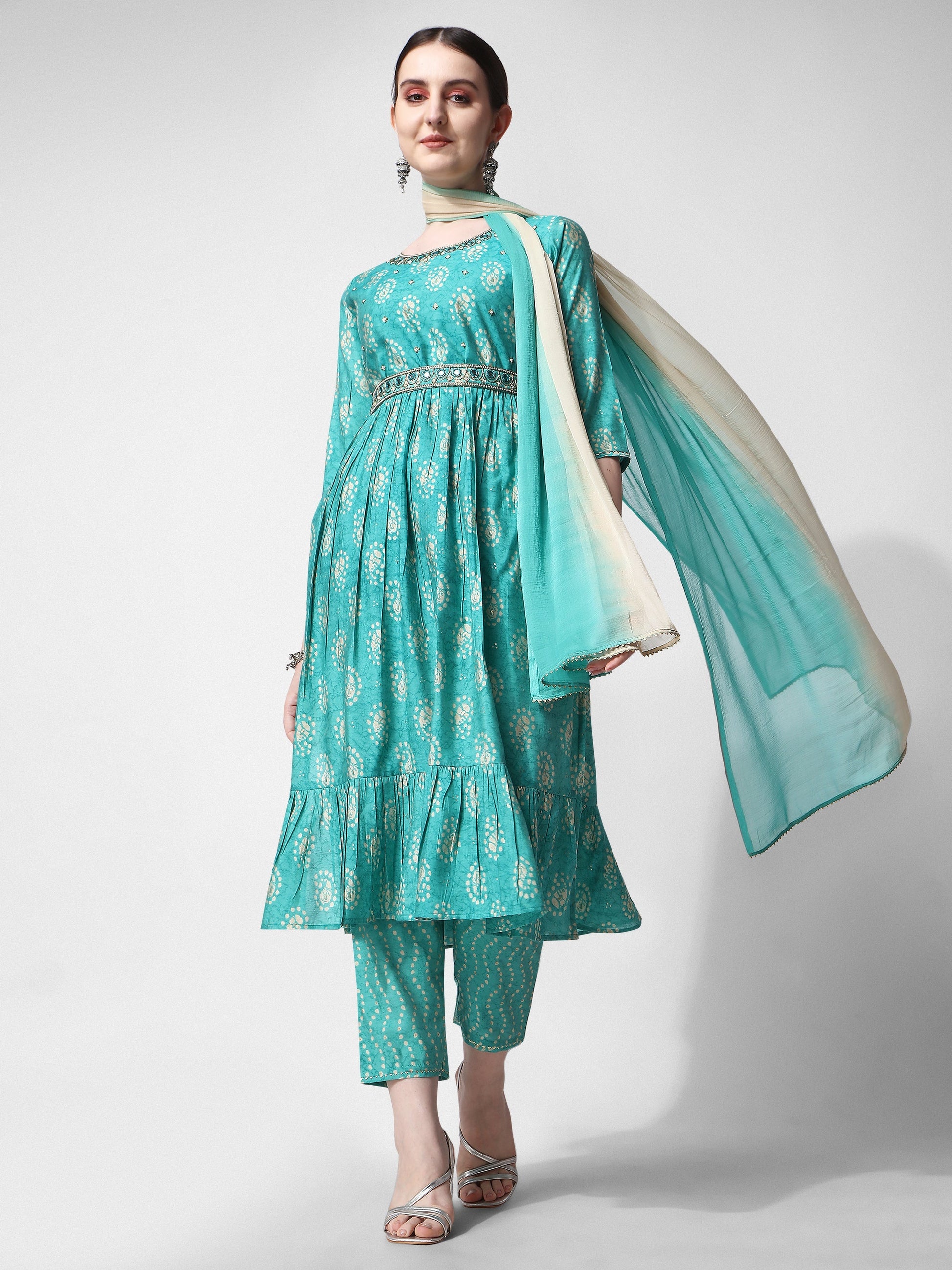 Nayra Cut Embroidered Kurta With Pant, Dupatta & Embroidered Belt Set, Multicolor - Hiral Fashion