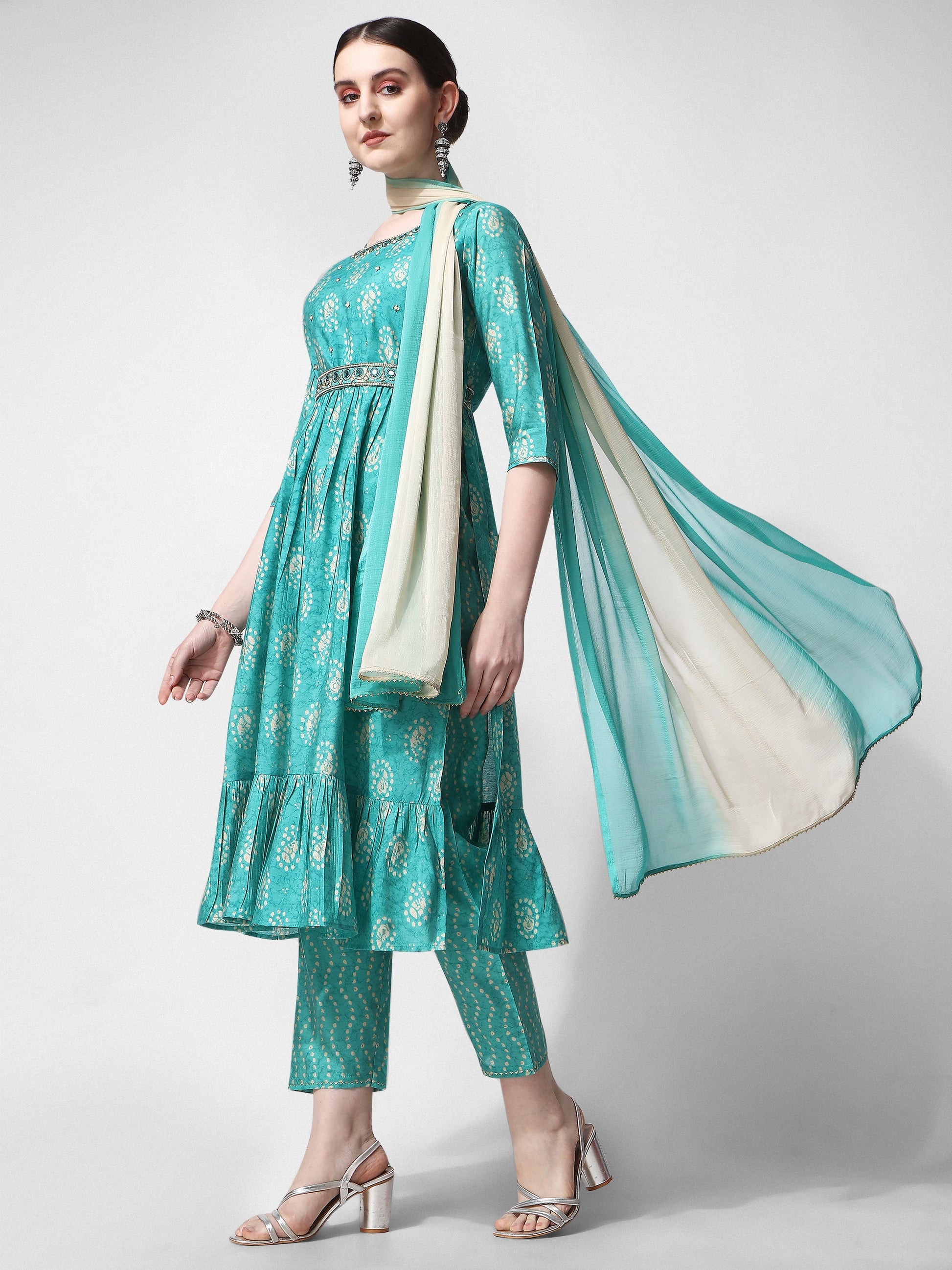 Nayra Cut Embroidered Kurta With Pant, Dupatta & Embroidered Belt Set, Multicolor - Hiral Fashion