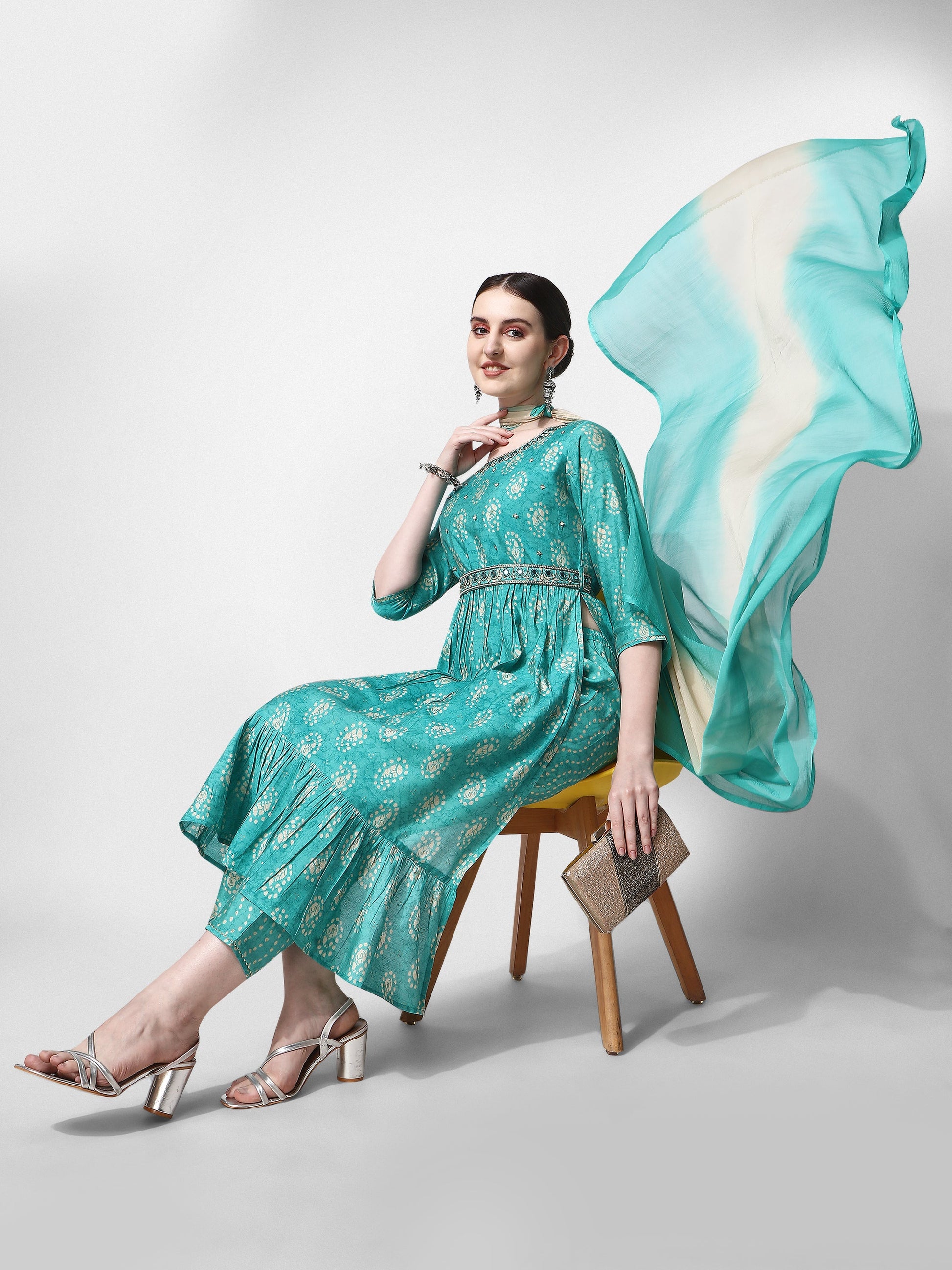 Nayra Cut Embroidered Kurta With Pant, Dupatta & Embroidered Belt Set, Multicolor - Hiral Fashion