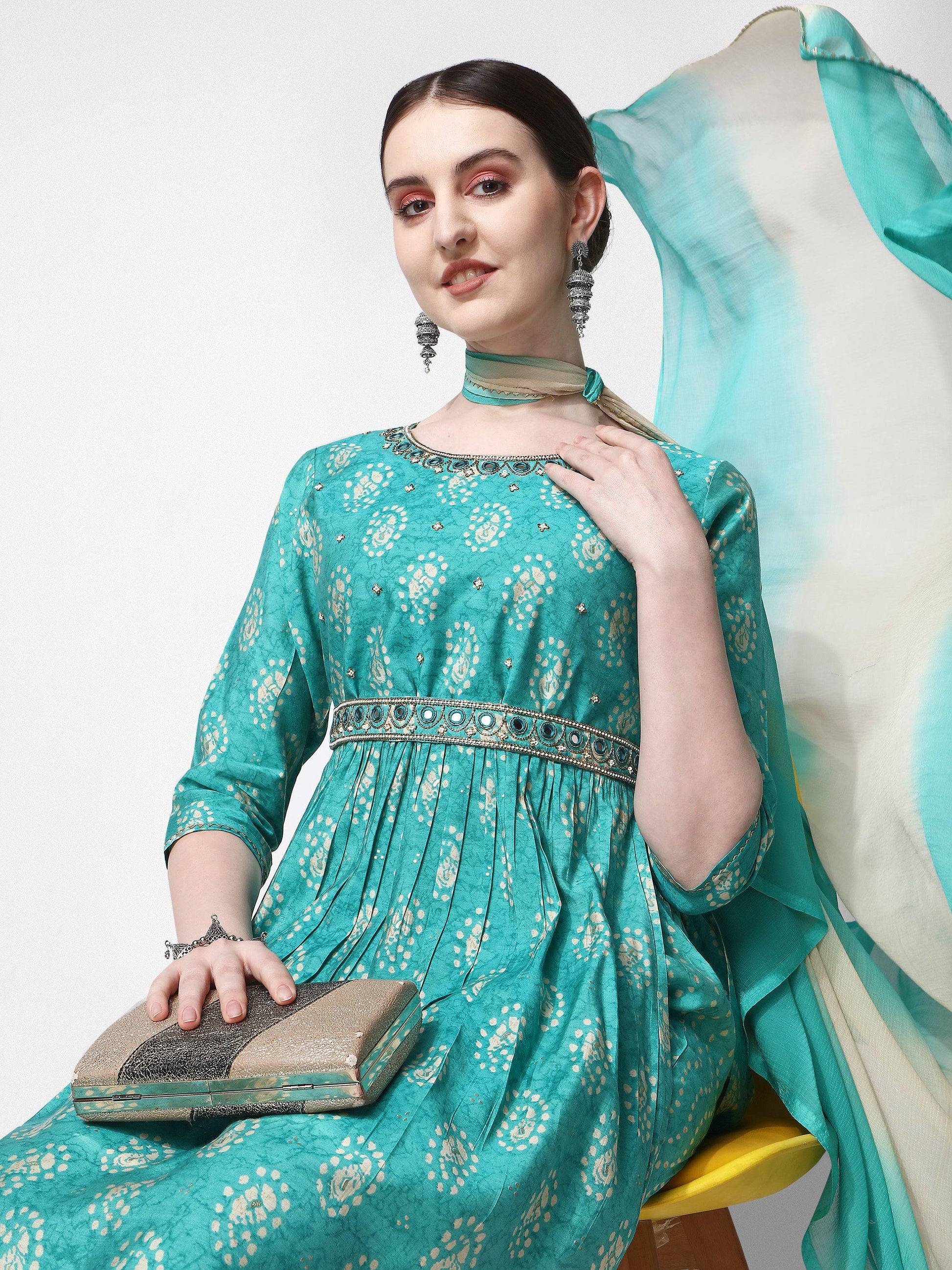 Nayra Cut Embroidered Kurta With Pant, Dupatta & Embroidered Belt Set, Multicolor - Hiral Fashion