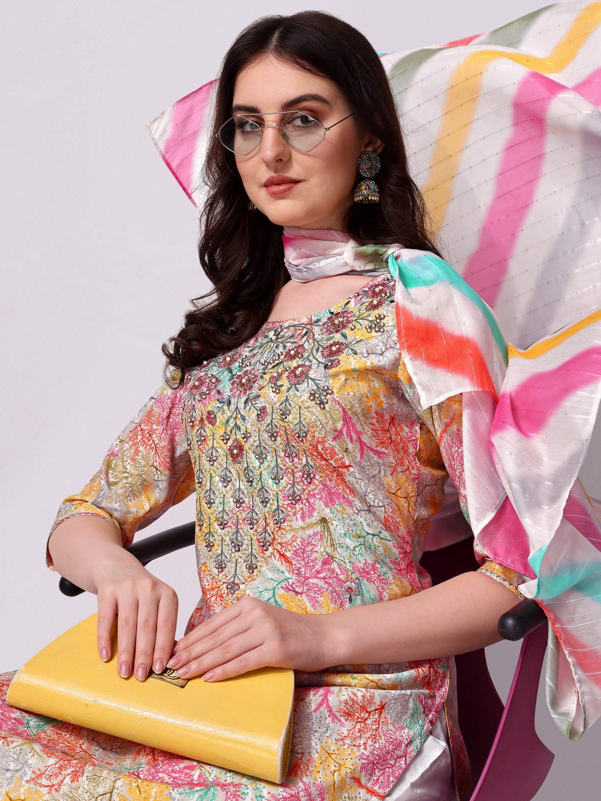 Multicolor Embroidered Kurta Pant & Printed Dupatta Set, Multicolor - Hiral Fashion