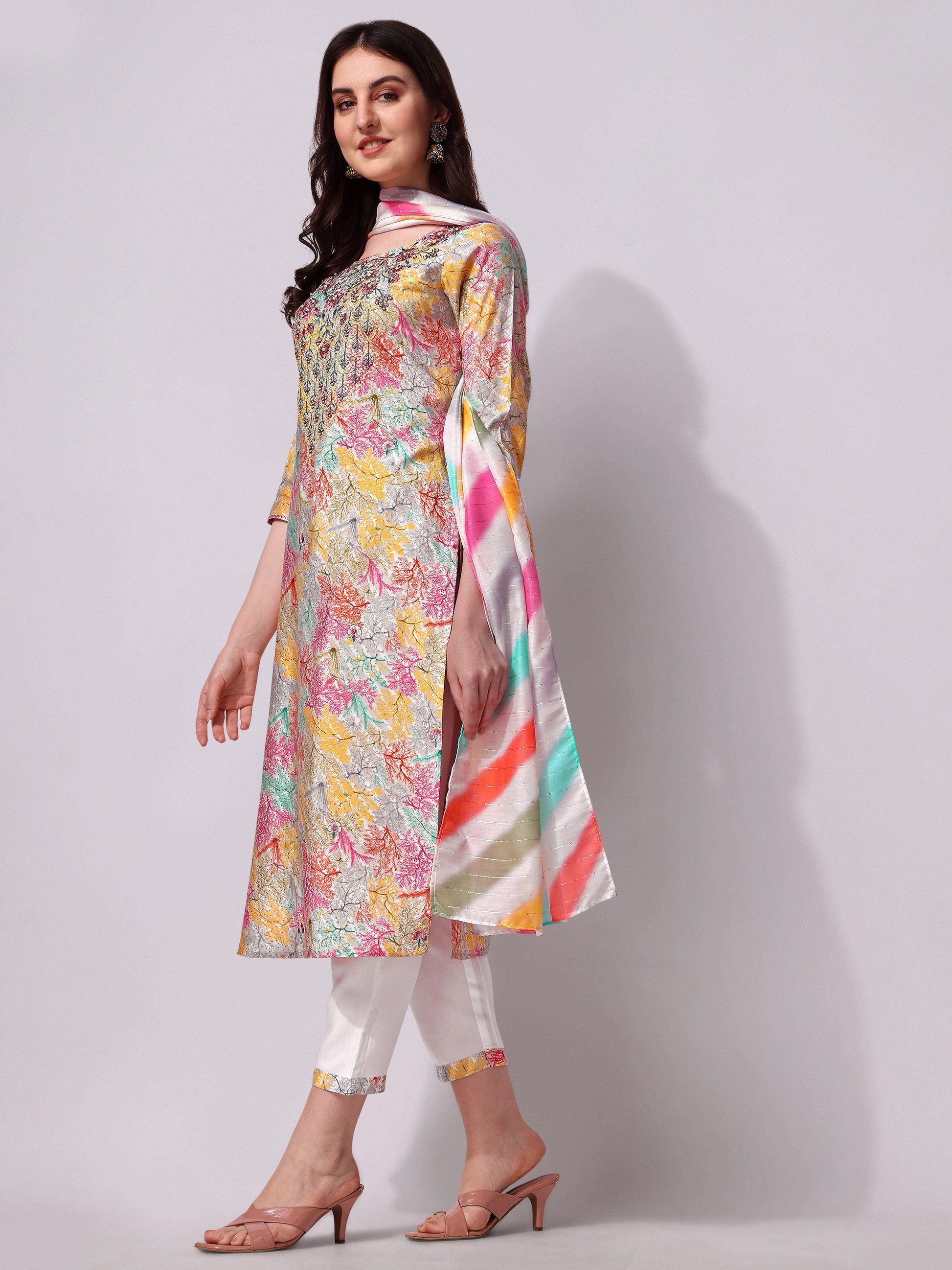 Multicolor Embroidered Kurta Pant & Printed Dupatta Set, Multicolor - Hiral Fashion