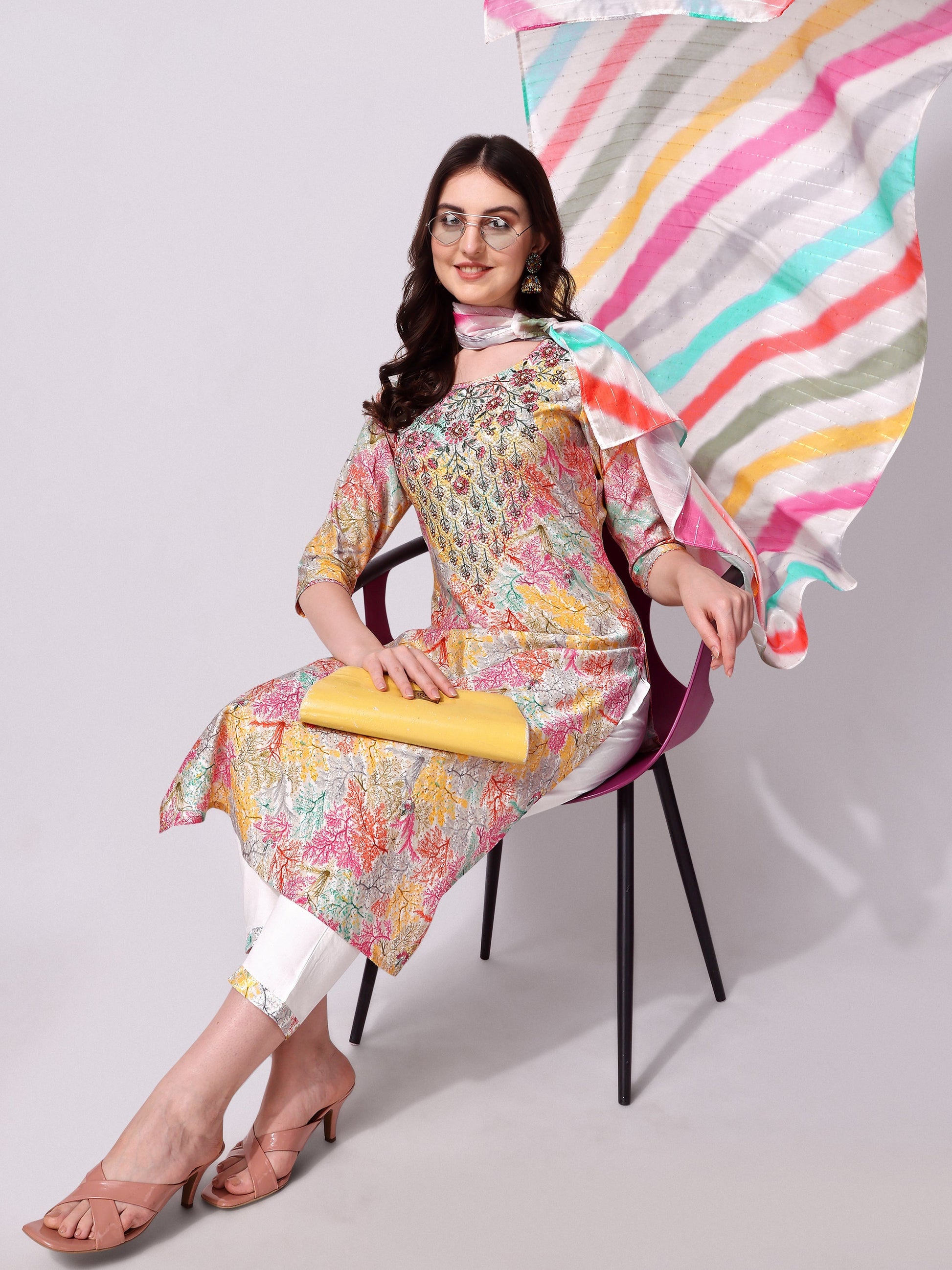 Multicolor Embroidered Kurta Pant & Printed Dupatta Set, Multicolor - Hiral Fashion