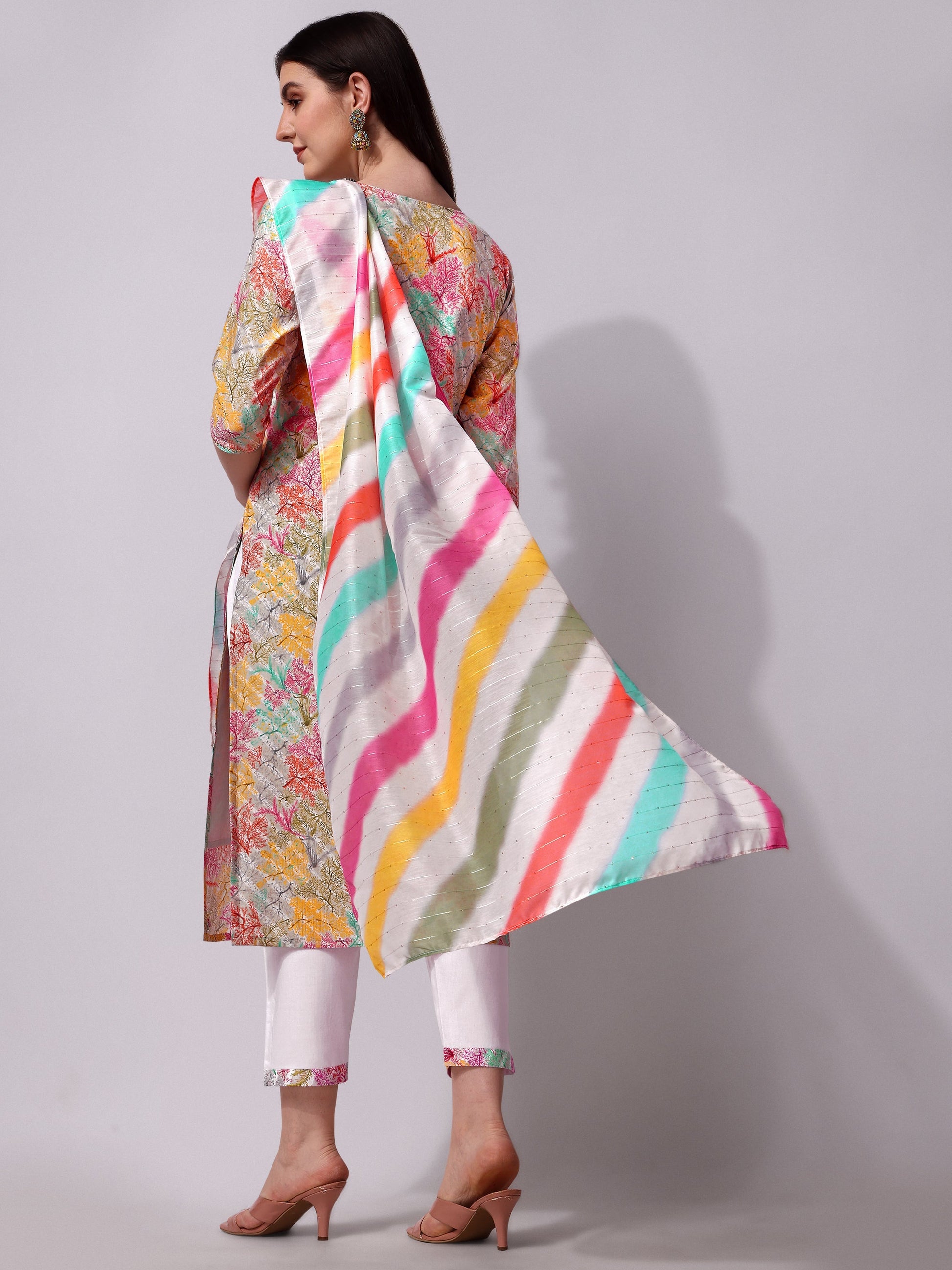 Multicolor Embroidered Kurta Pant & Printed Dupatta Set, Multicolor - Hiral Fashion