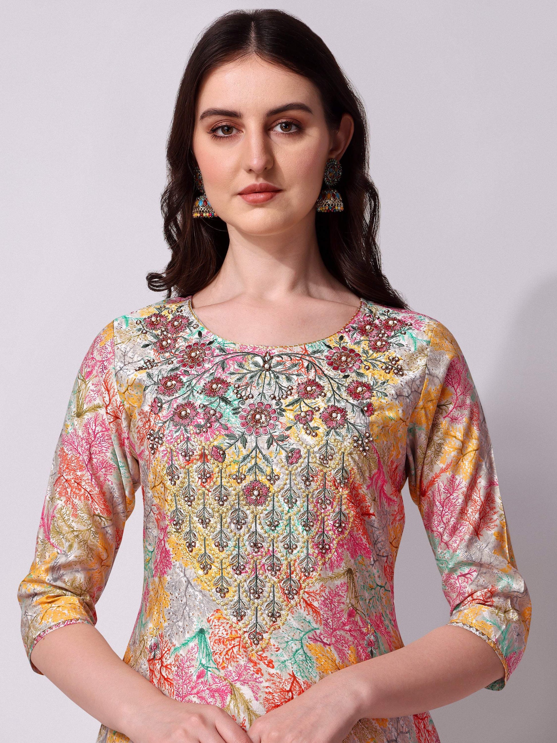 Multicolor Embroidered Kurta Pant & Printed Dupatta Set, Multicolor - Hiral Fashion