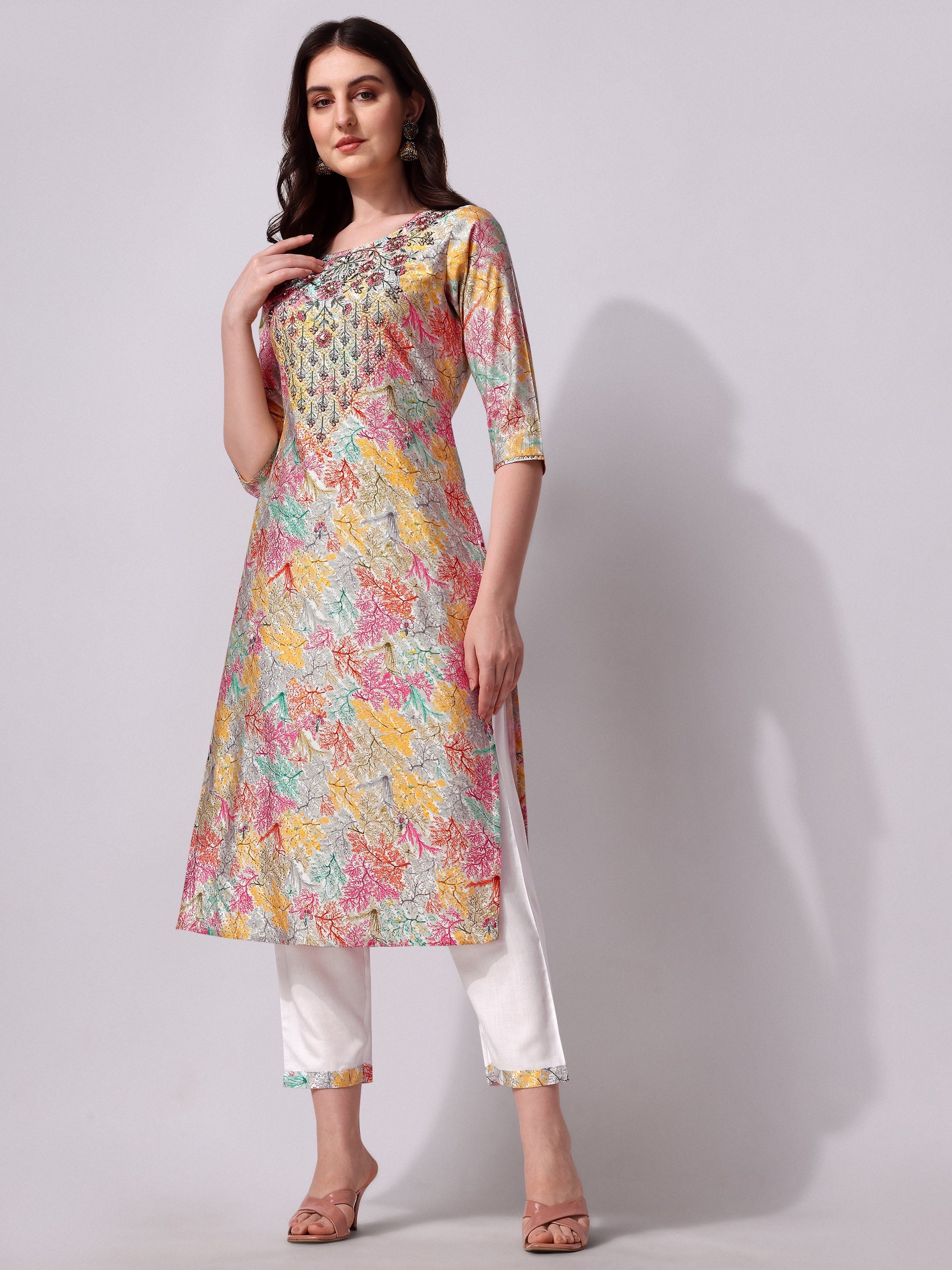 Multicolor Embroidered Kurta Pant & Printed Dupatta Set, Multicolor - Hiral Fashion